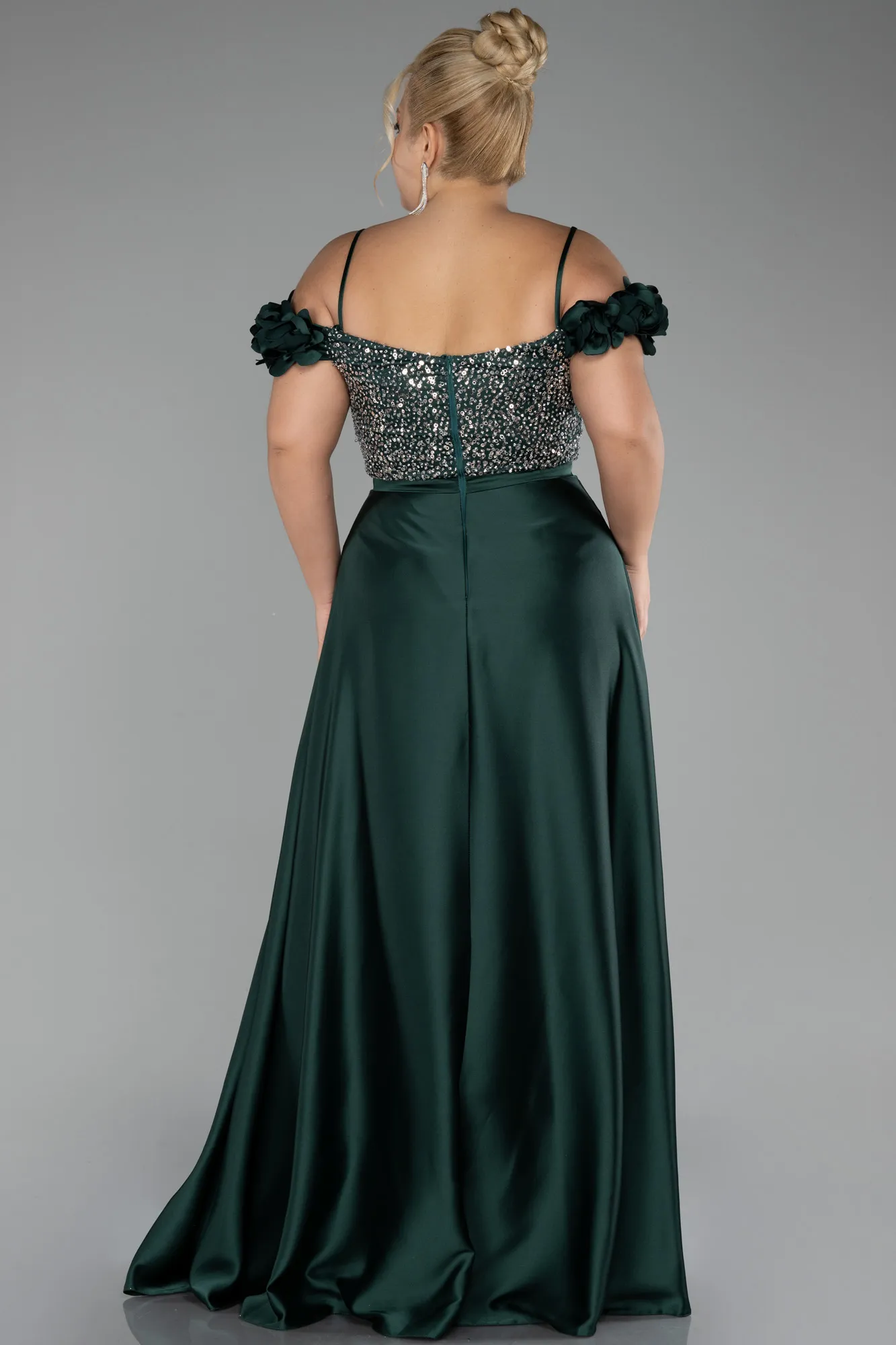 Emerald Green-Sequined Boat Neck Long Satin Plus Size Evening Gown ABU4127
