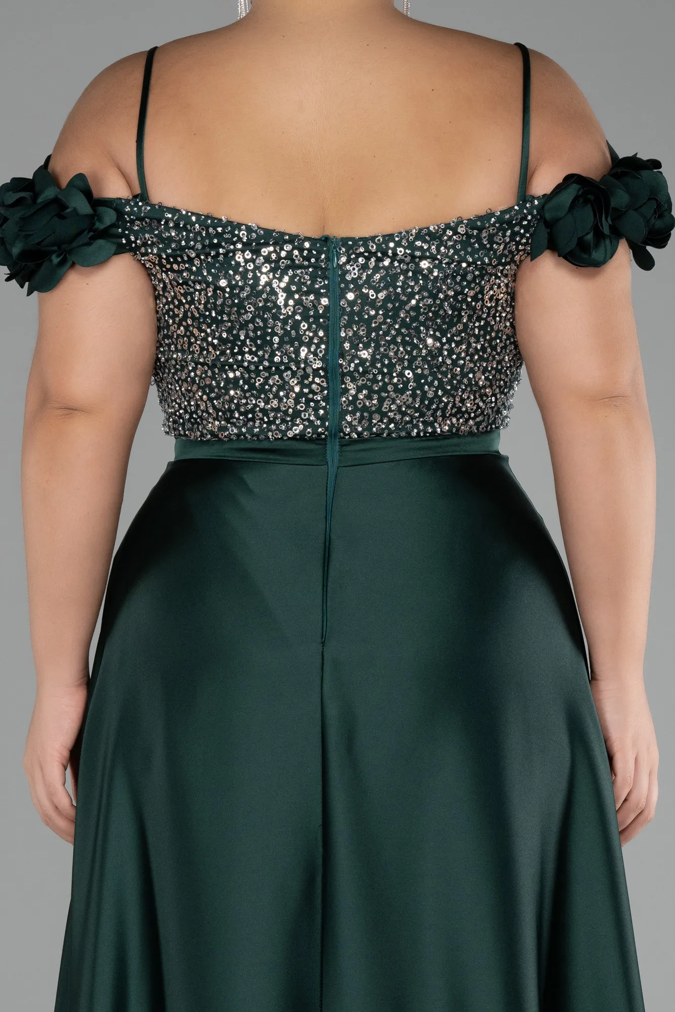 Emerald Green-Sequined Boat Neck Long Satin Plus Size Evening Gown ABU4127