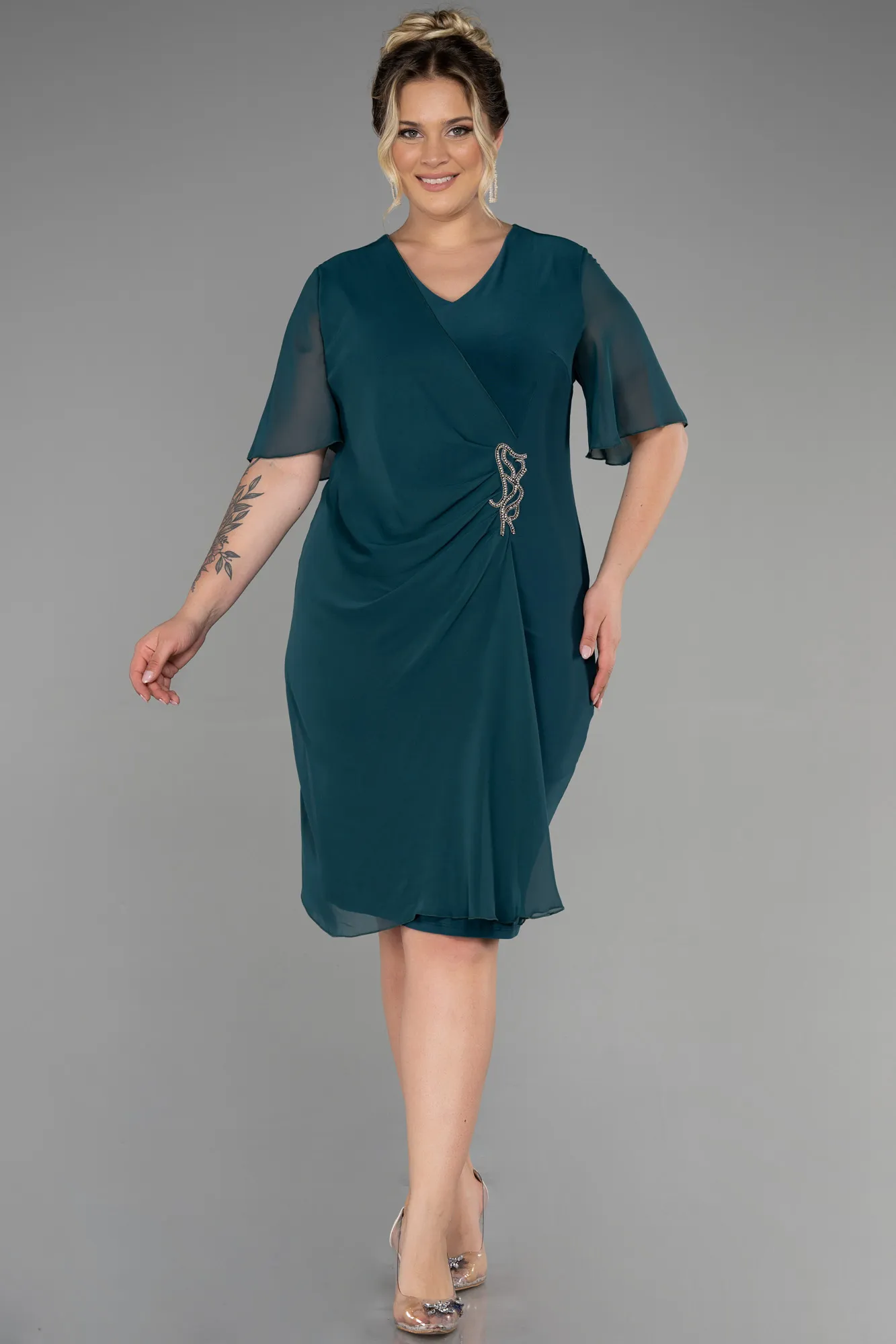 Emerald Green-Short Chiffon Plus Size Evening Dress ABK1299