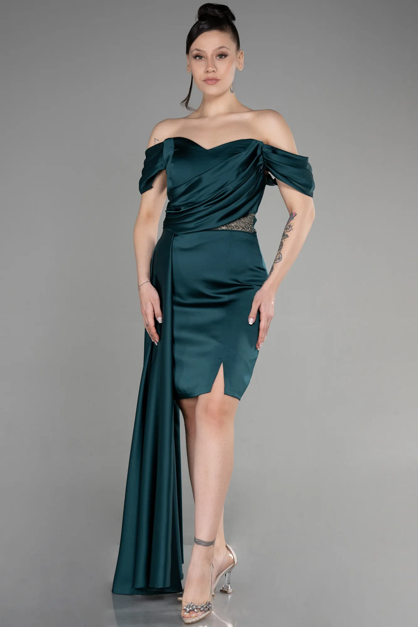 Emerald Green-Short Satin Cocktail Dress ABK1974