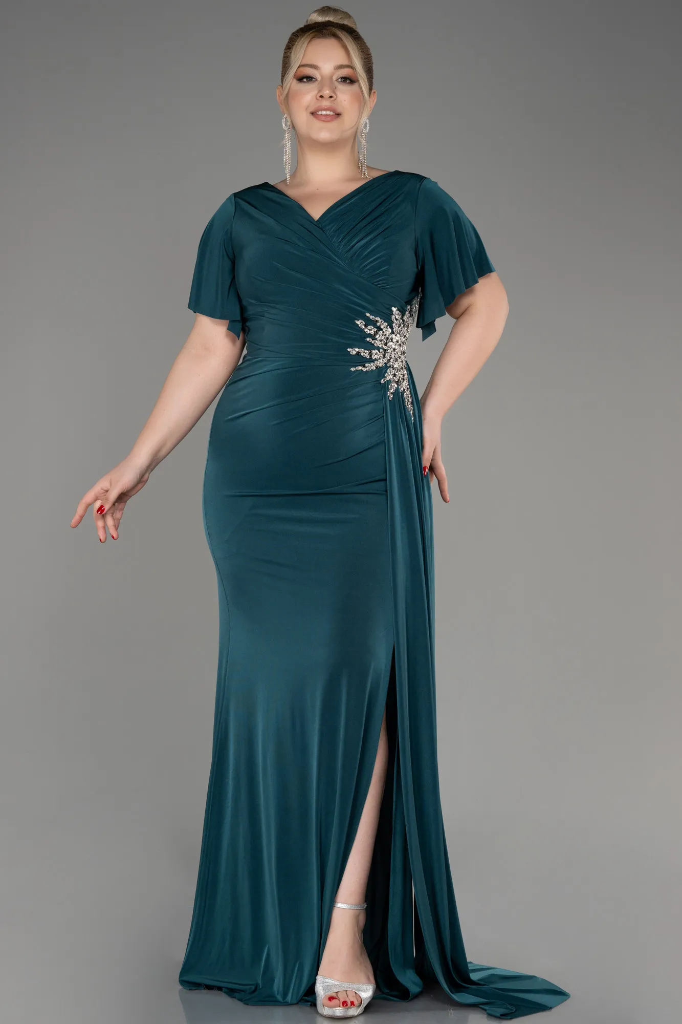 Emerald Green-Short Sleeve Long Plus Size Evening Dress ABU3918