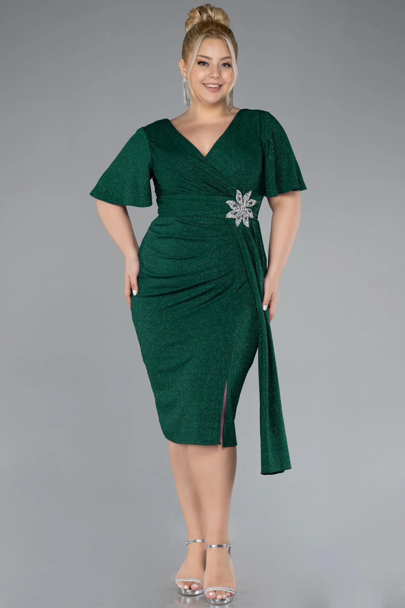 Emerald Green-Short Sleeve Midi Glittery Plus Size Cocktail Dress ABK2146