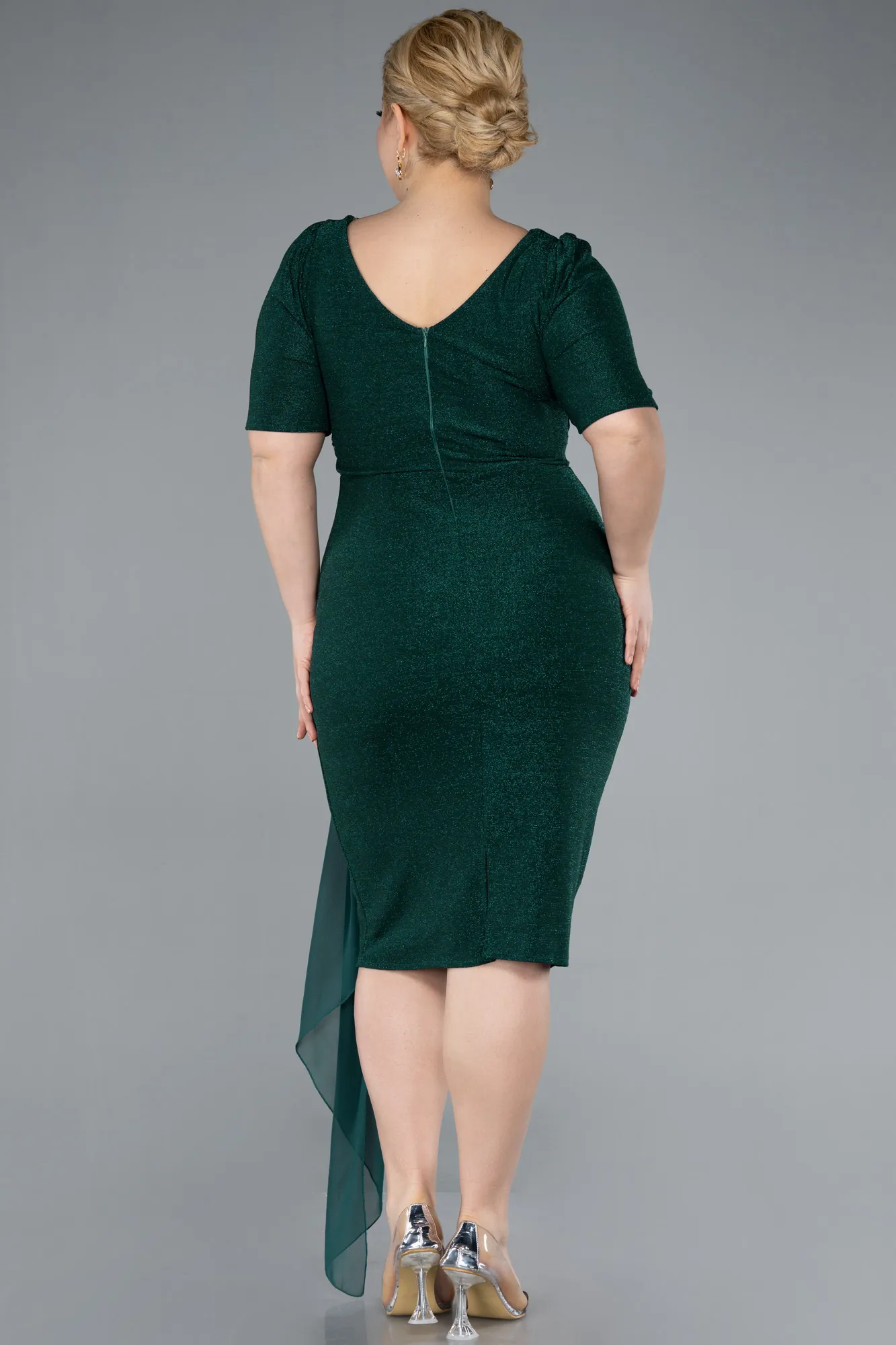 Emerald Green-Short Sleeve Midi Plus Size Evening Dress ABK2303