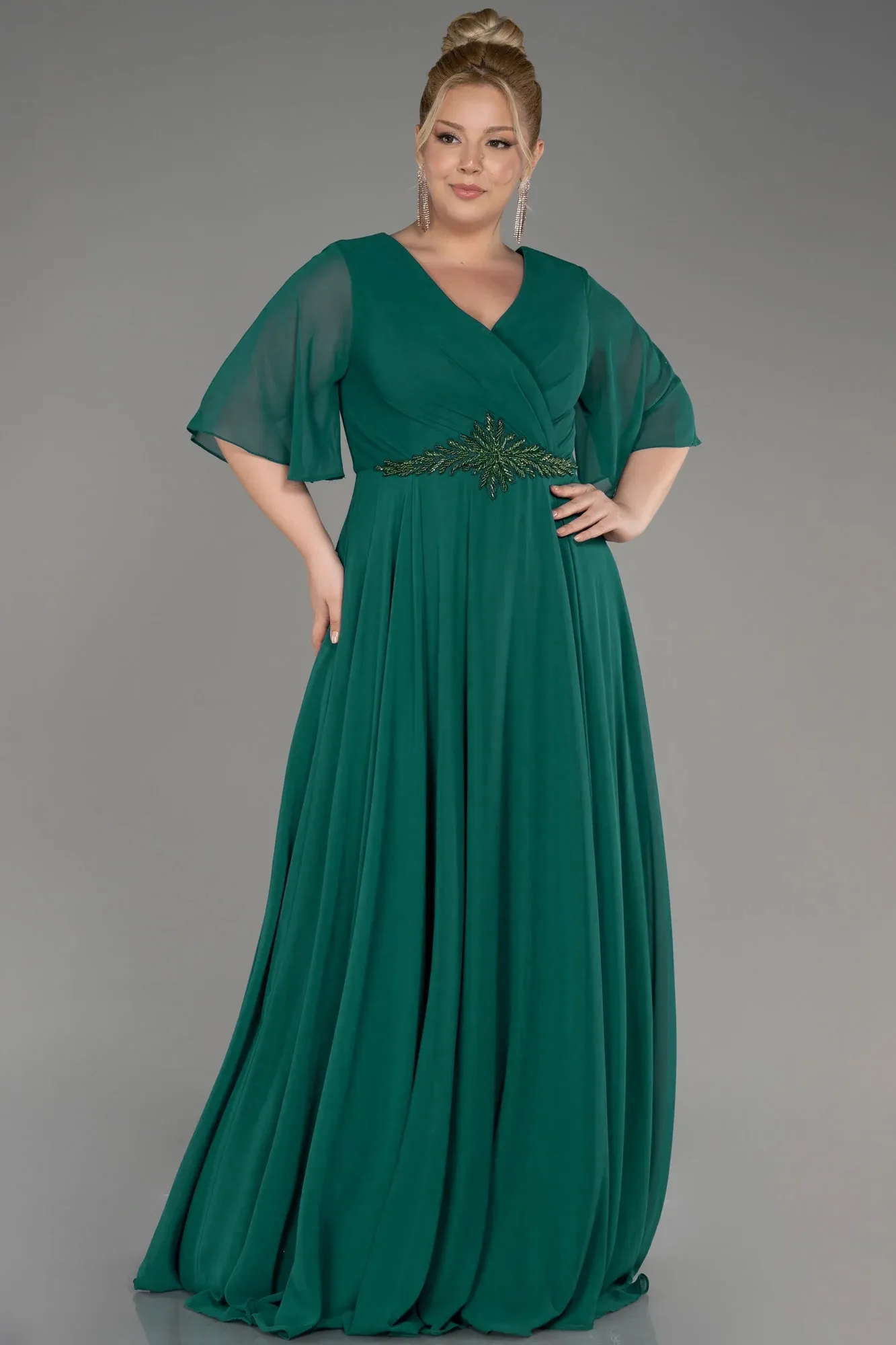 Emerald Green-Short Sleeve Plus Size Long Chiffon Evening Dress ABU3991