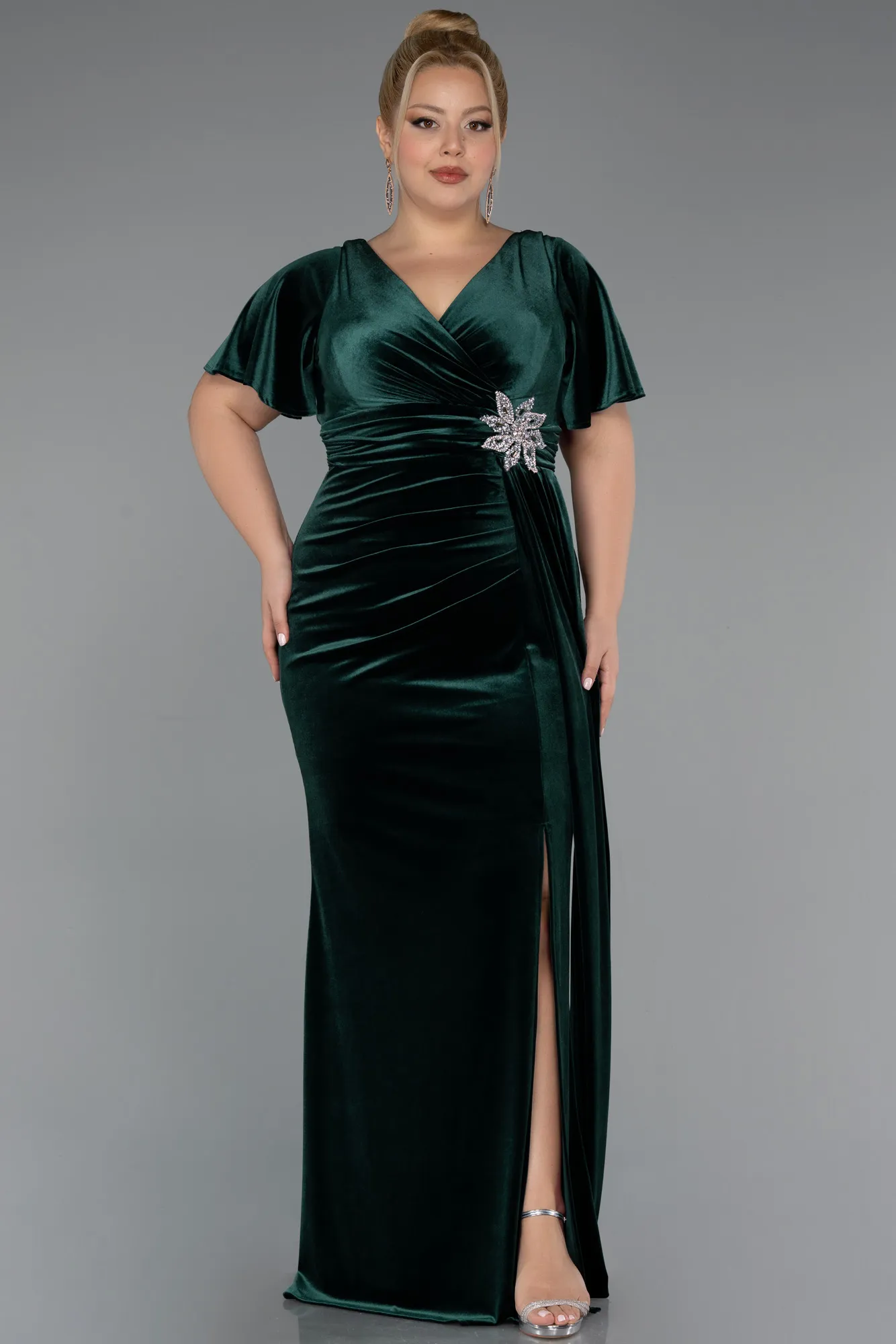 Emerald Green-Short Sleeve Slit Long Velvet Plus Size Evening Dress ABU4317
