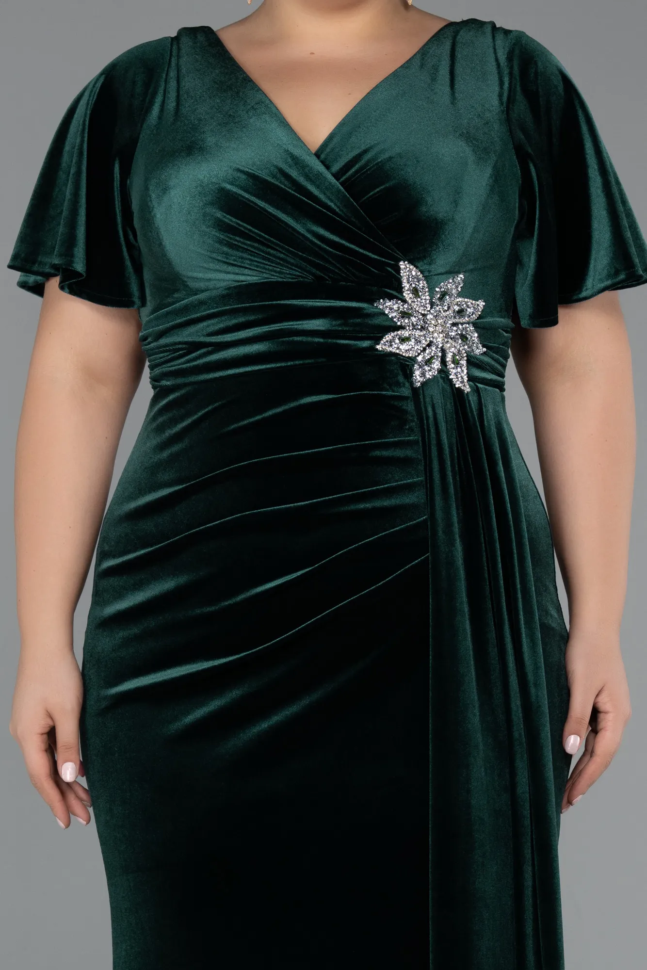 Emerald Green-Short Sleeve Slit Long Velvet Plus Size Evening Dress ABU4317