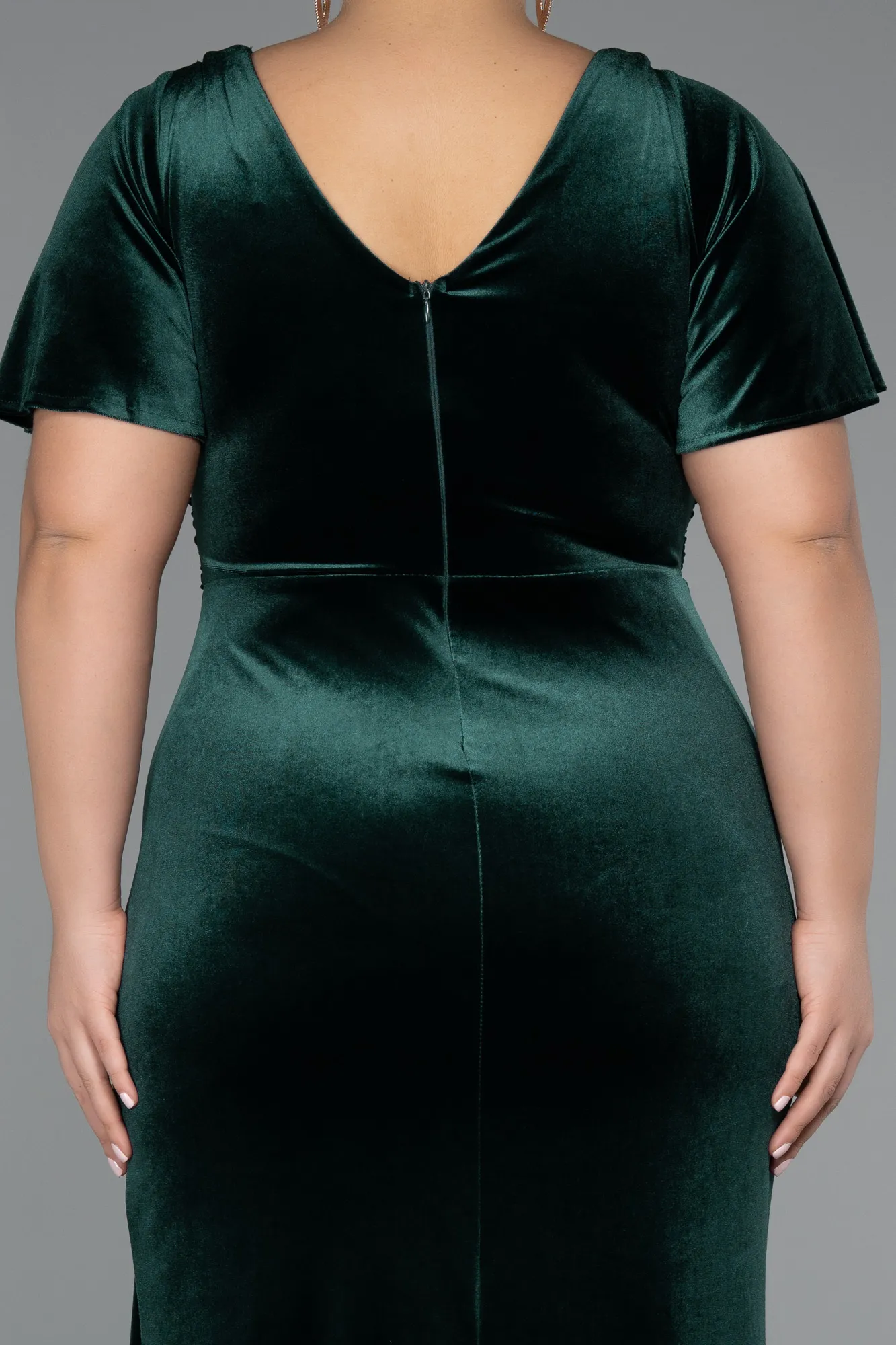 Emerald Green-Short Sleeve Slit Long Velvet Plus Size Evening Dress ABU4317