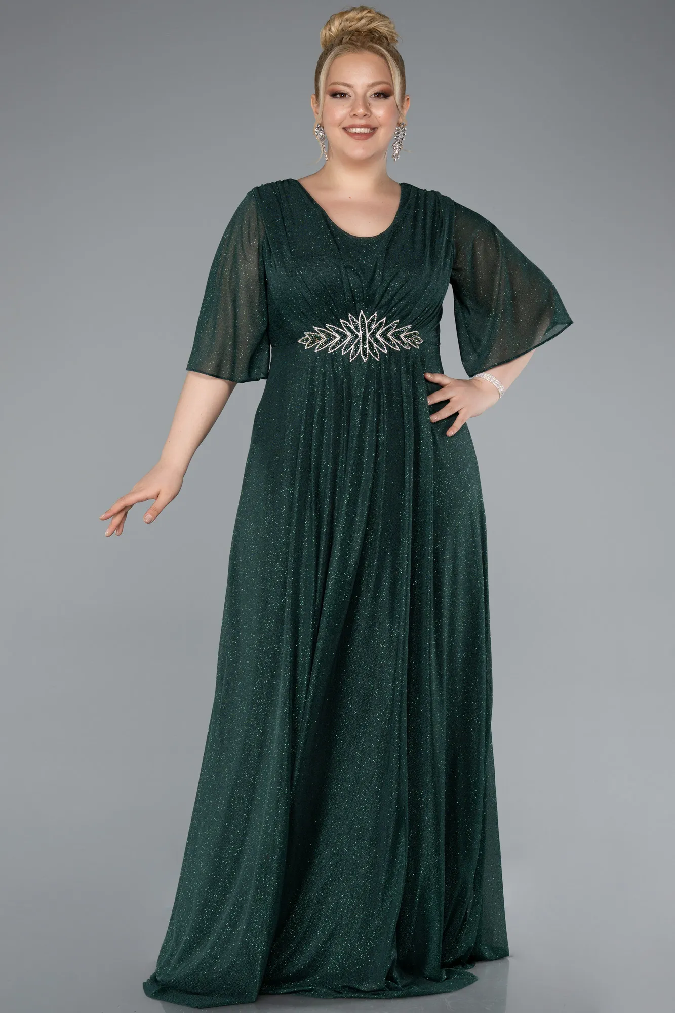 Emerald Green-Short Sleeve V Neck Long Glittery Plus Size Evening Dress ABU4887
