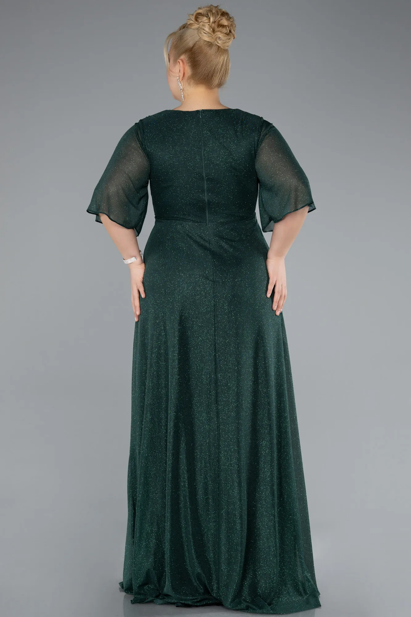 Emerald Green-Short Sleeve V Neck Long Glittery Plus Size Evening Dress ABU4887