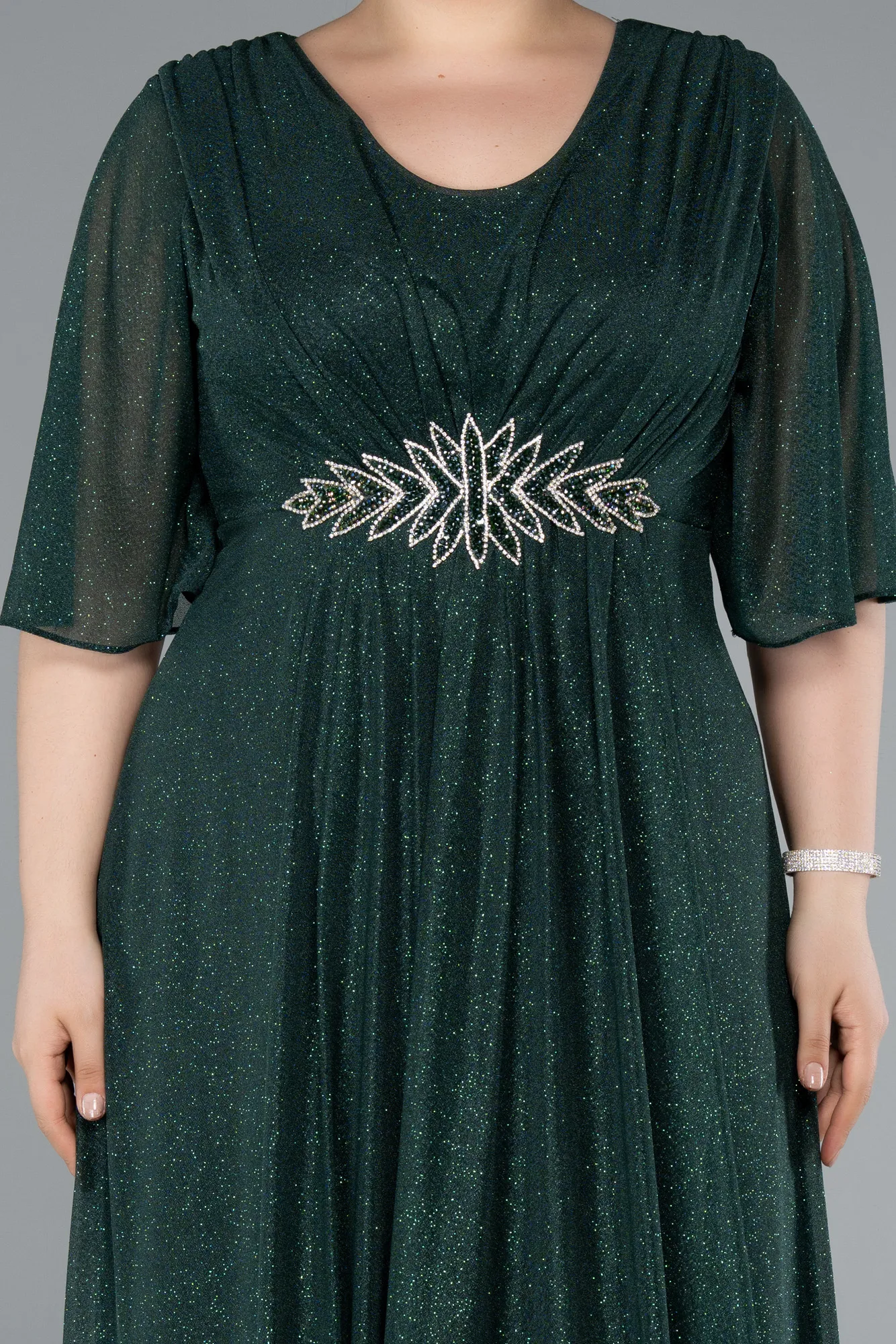Emerald Green-Short Sleeve V Neck Long Glittery Plus Size Evening Dress ABU4887
