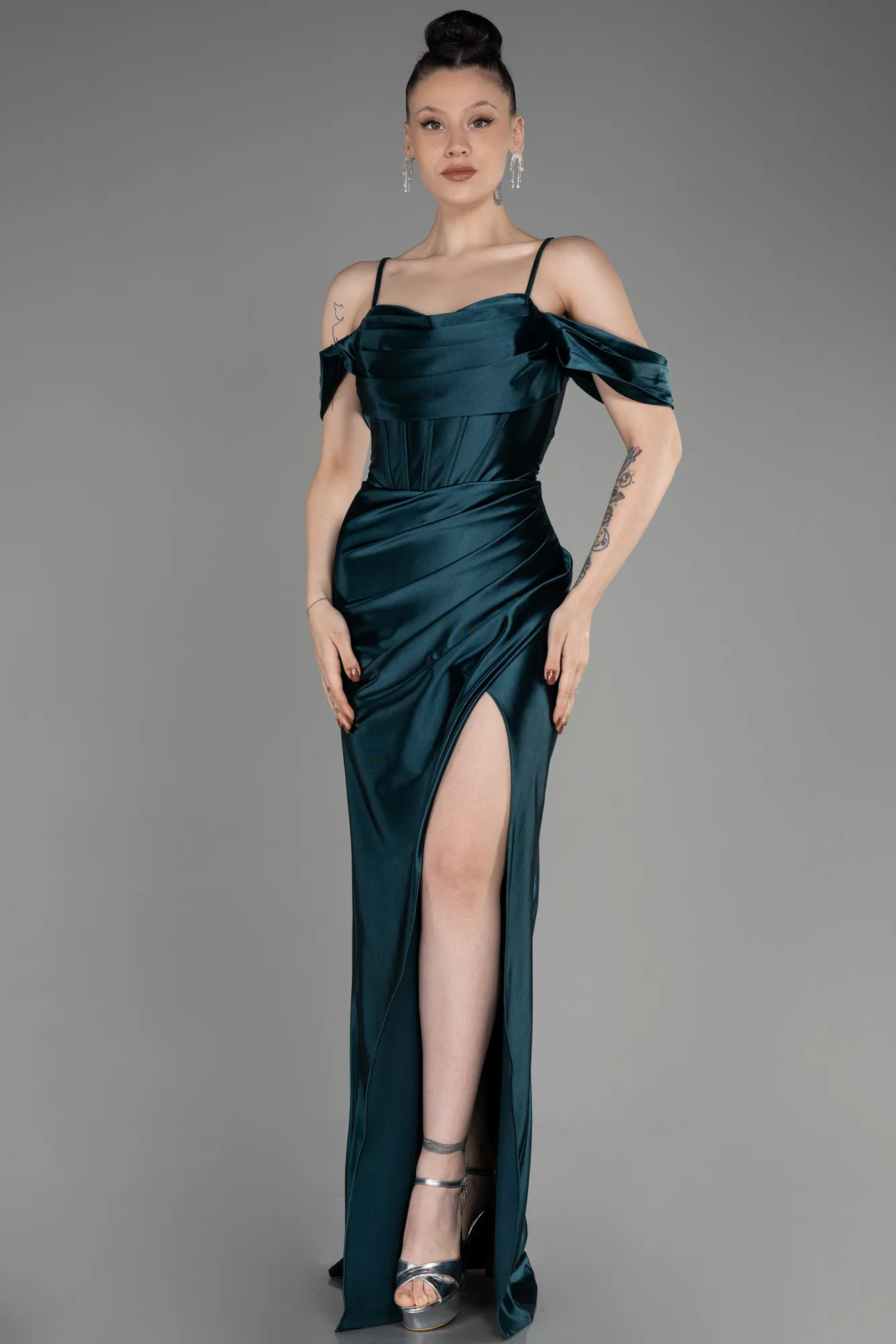 Emerald Green-Slit Long Satin Evening Dress ABU3840