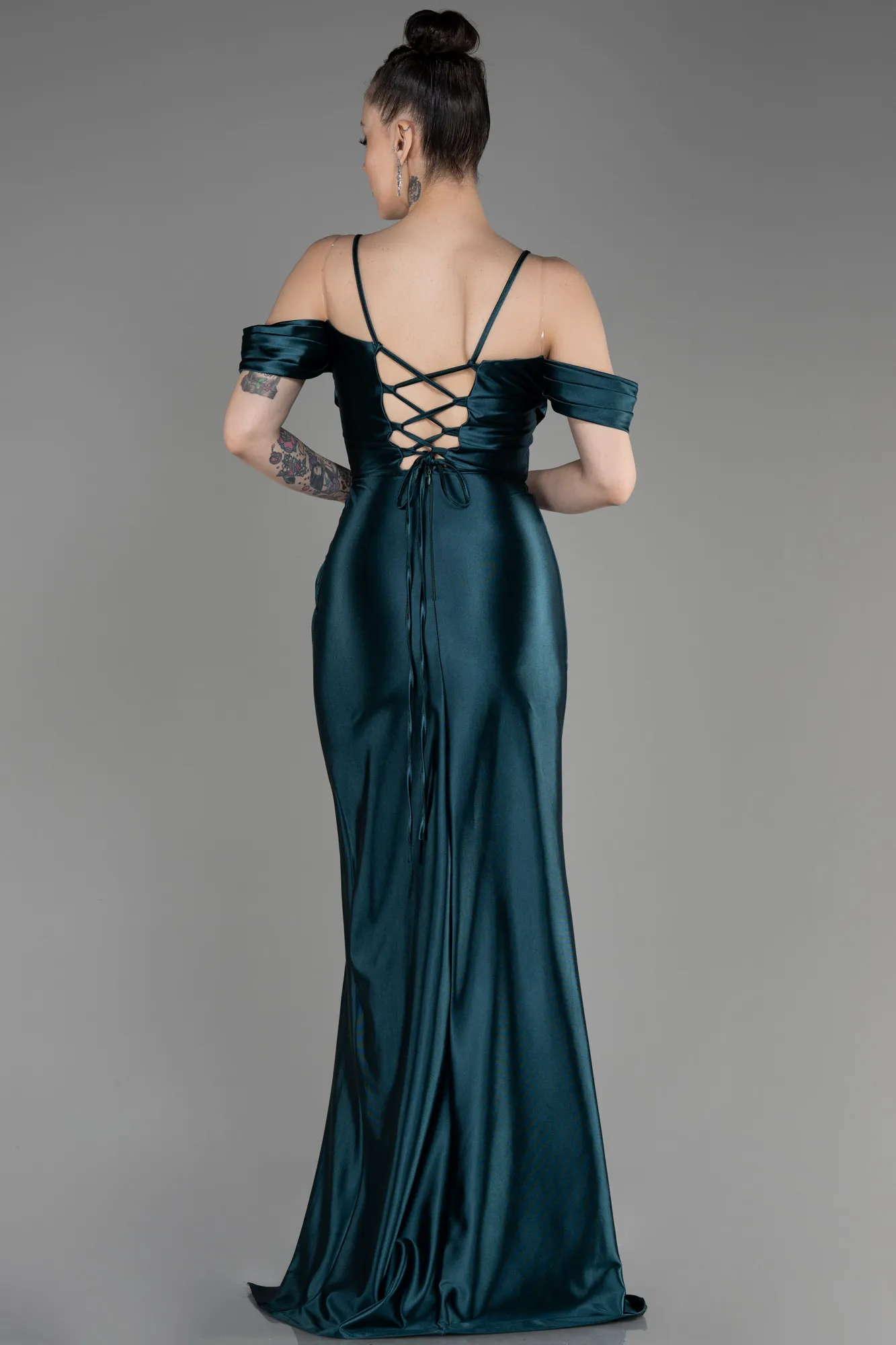 Emerald Green-Slit Long Satin Evening Dress ABU3840