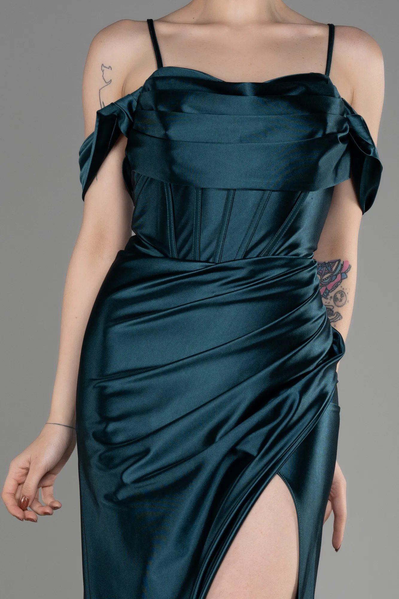 Emerald Green-Slit Long Satin Evening Dress ABU3840