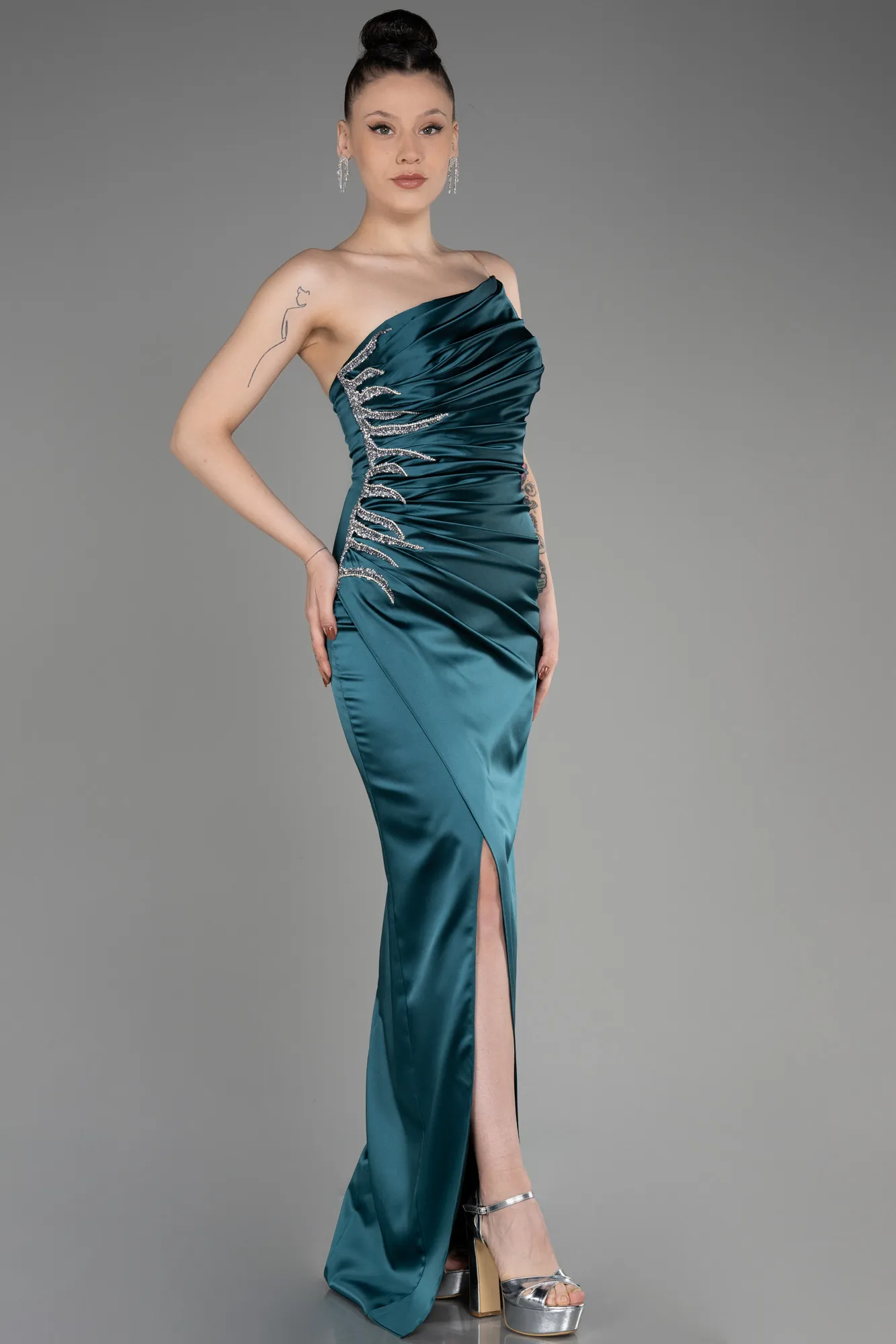 Emerald Green-Strapless Long Satin Evening Dress ABU3825
