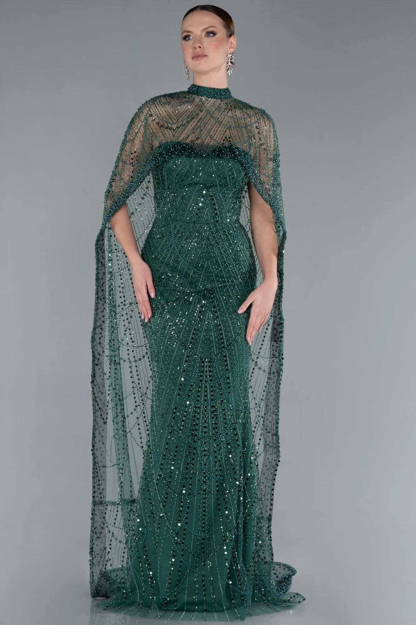Emerald Green-Strapless Shawl Stoned Long Evening Gown ABU4517