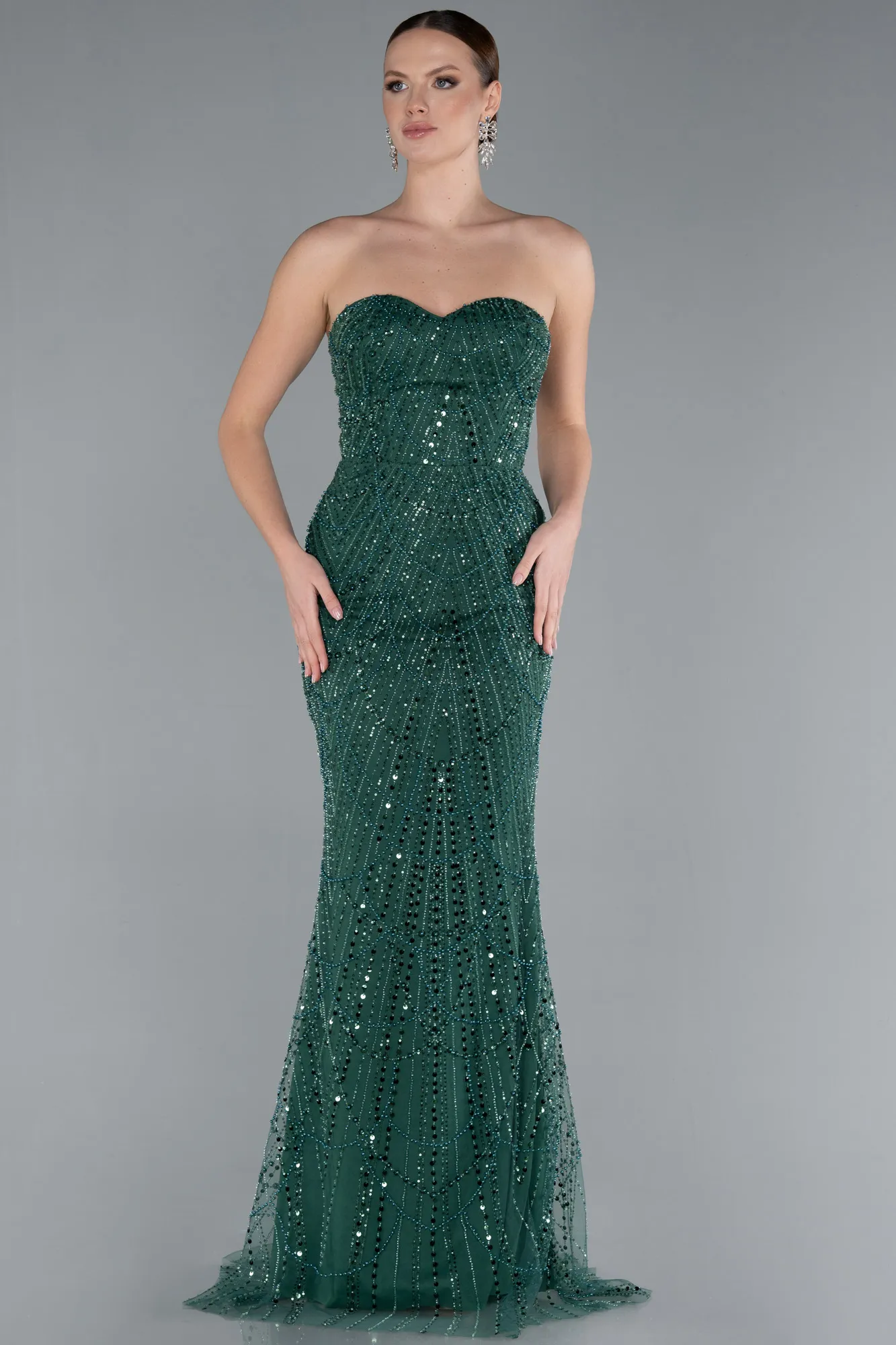 Emerald Green-Strapless Shawl Stoned Long Evening Gown ABU4517
