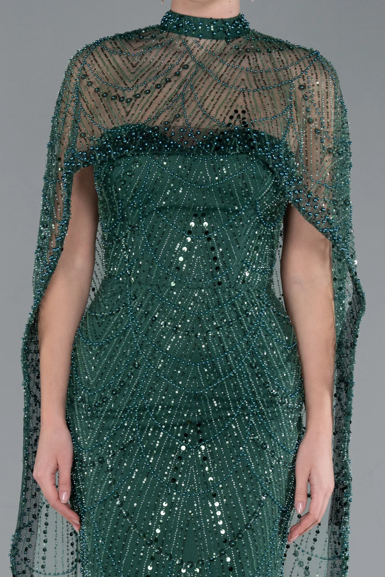 Emerald Green-Strapless Shawl Stoned Long Evening Gown ABU4517