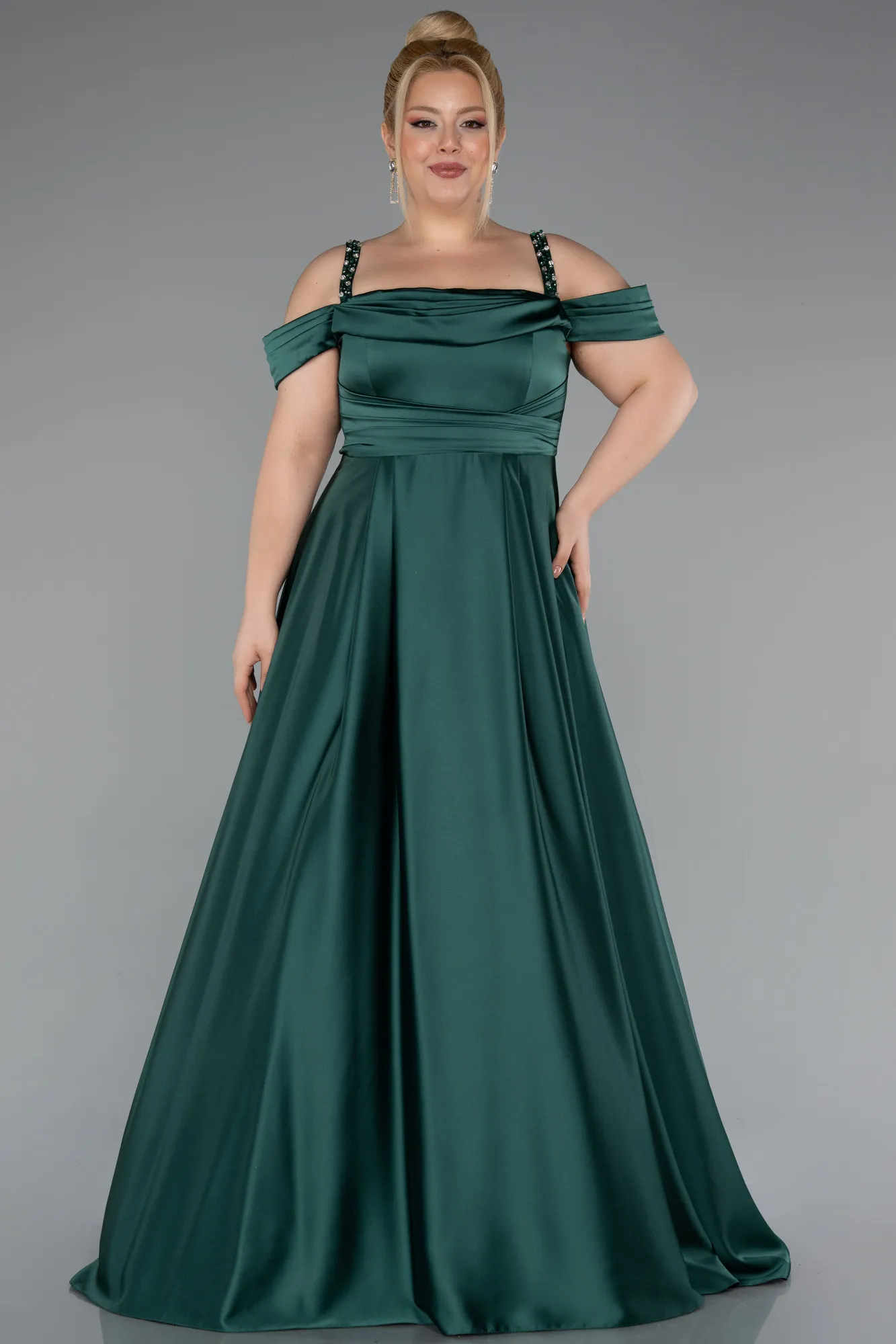 Emerald Green-Strappy Long Satin Plus Size Engagement Dress ABU4207