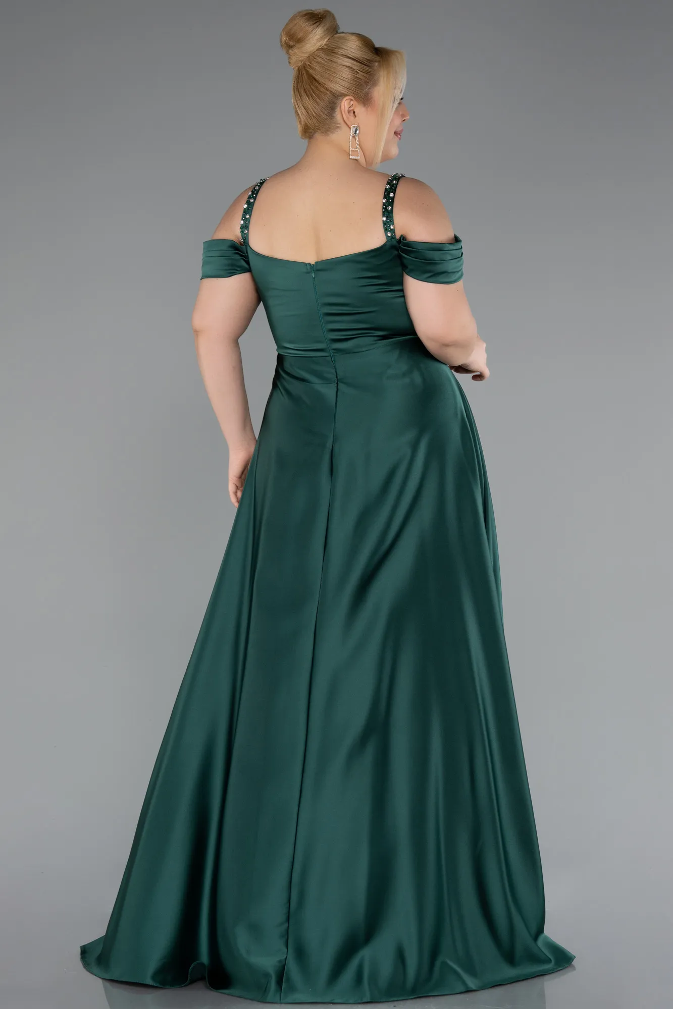 Emerald Green-Strappy Long Satin Plus Size Engagement Dress ABU4207