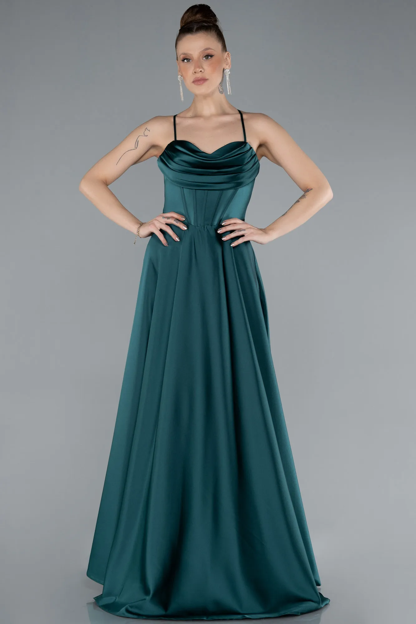 Emerald Green-Strappy Long Satin Prom Dress ABU4684