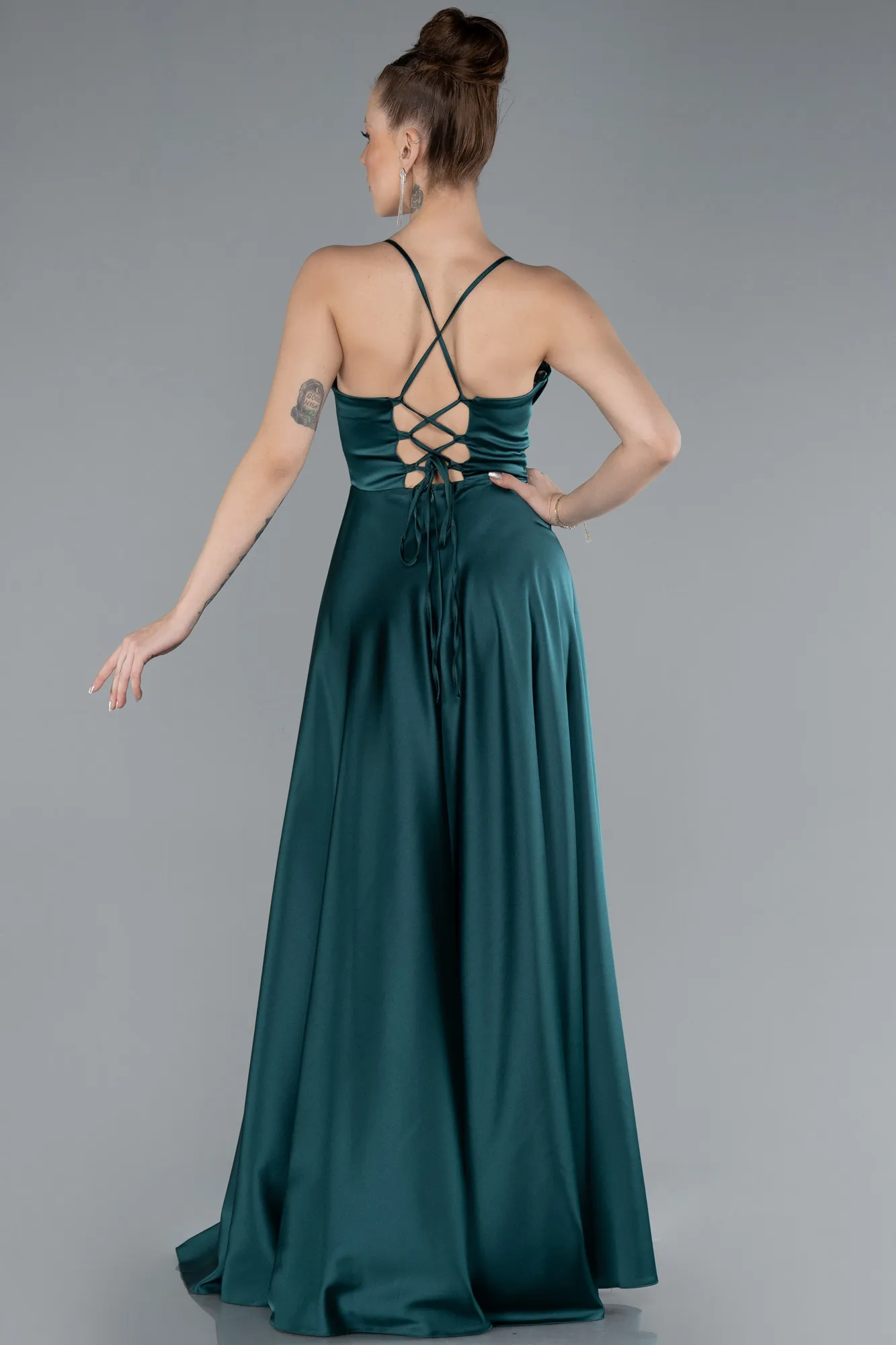 Emerald Green-Strappy Long Satin Prom Dress ABU4684