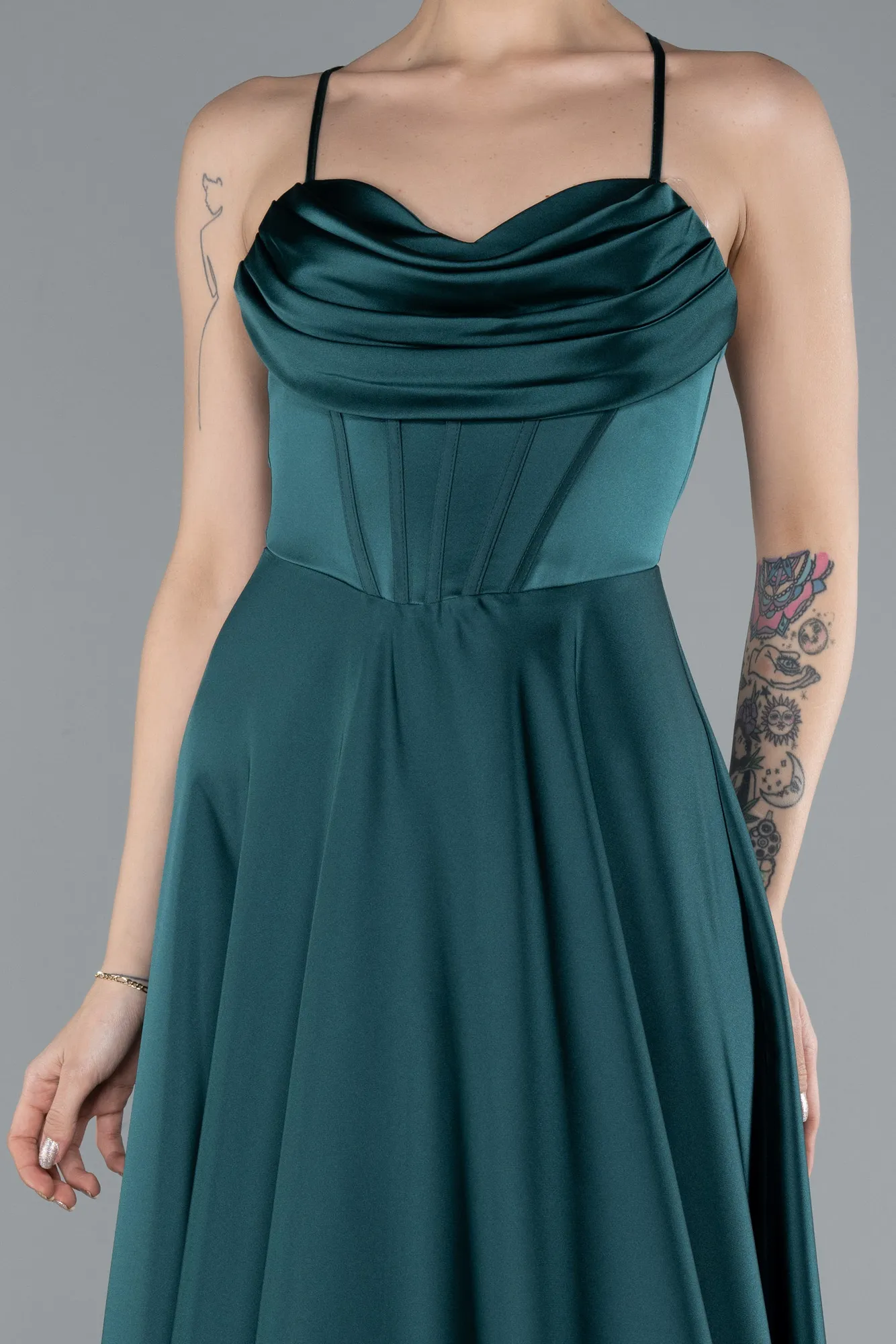 Emerald Green-Strappy Long Satin Prom Dress ABU4684