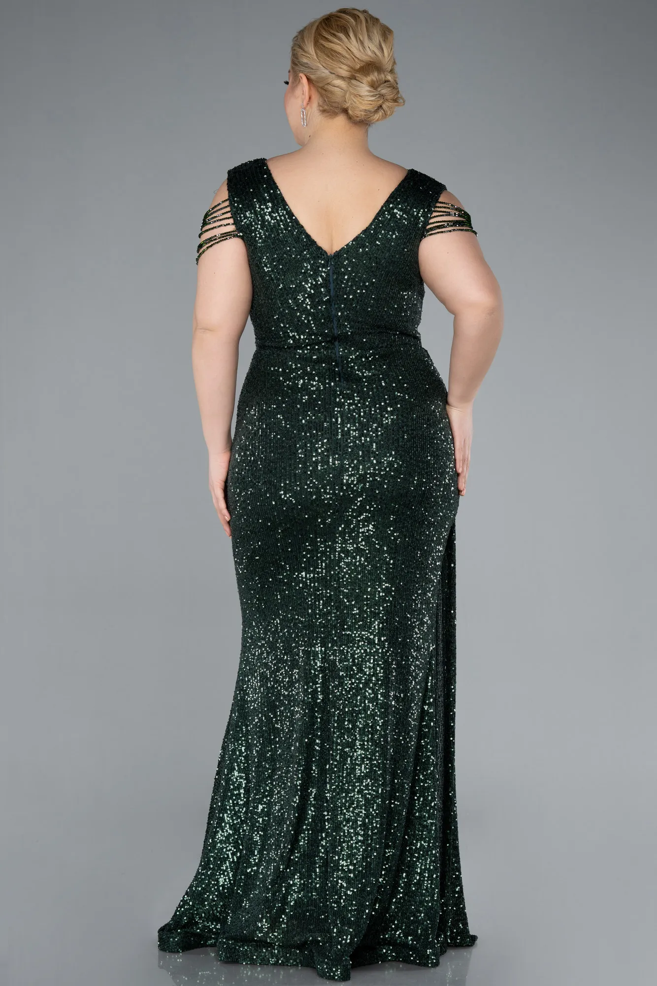 Emerald Green-V Neck Long Sequined Slit Plus Size Evening Dress ABU4886