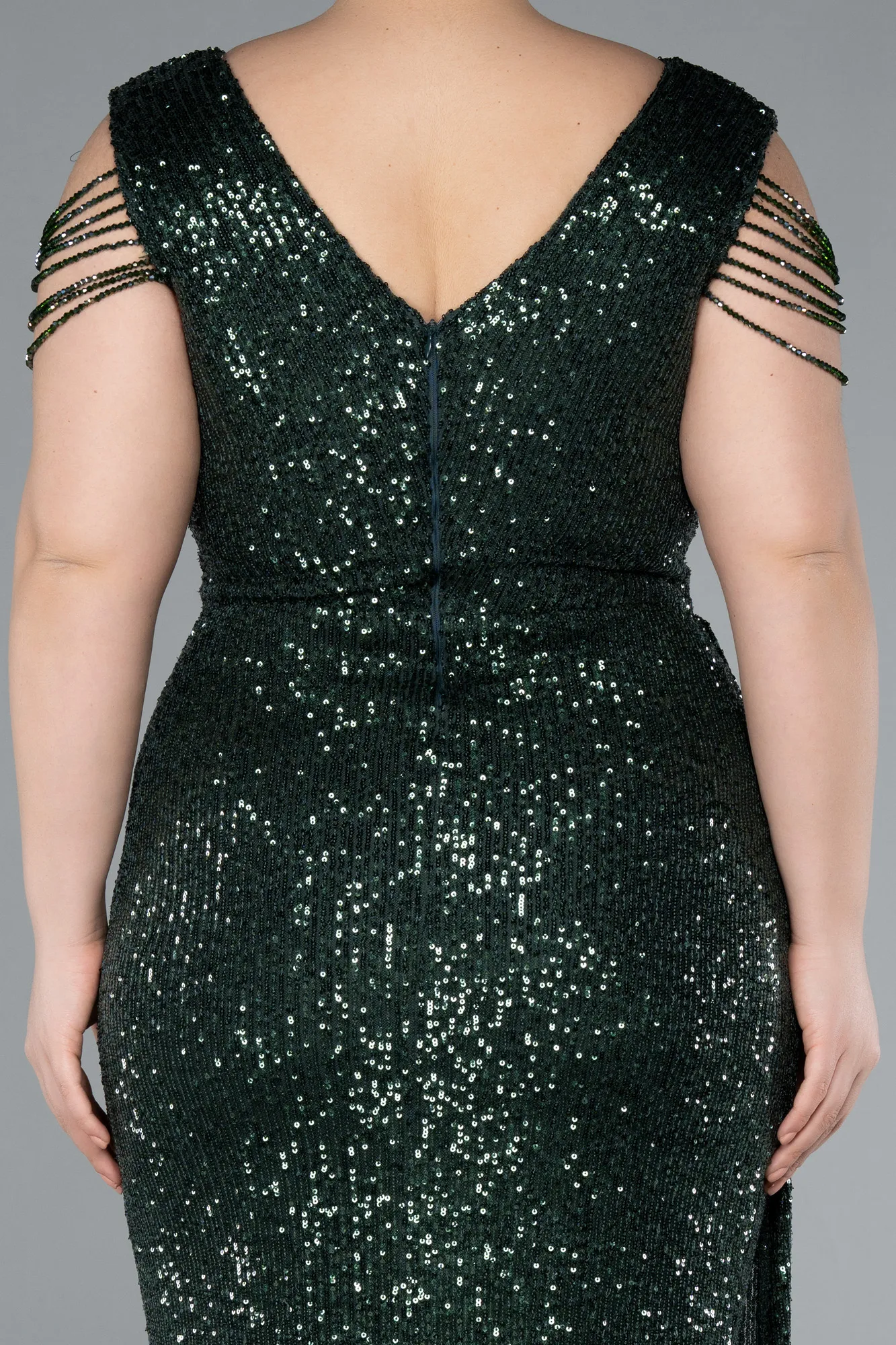 Emerald Green-V Neck Long Sequined Slit Plus Size Evening Dress ABU4886