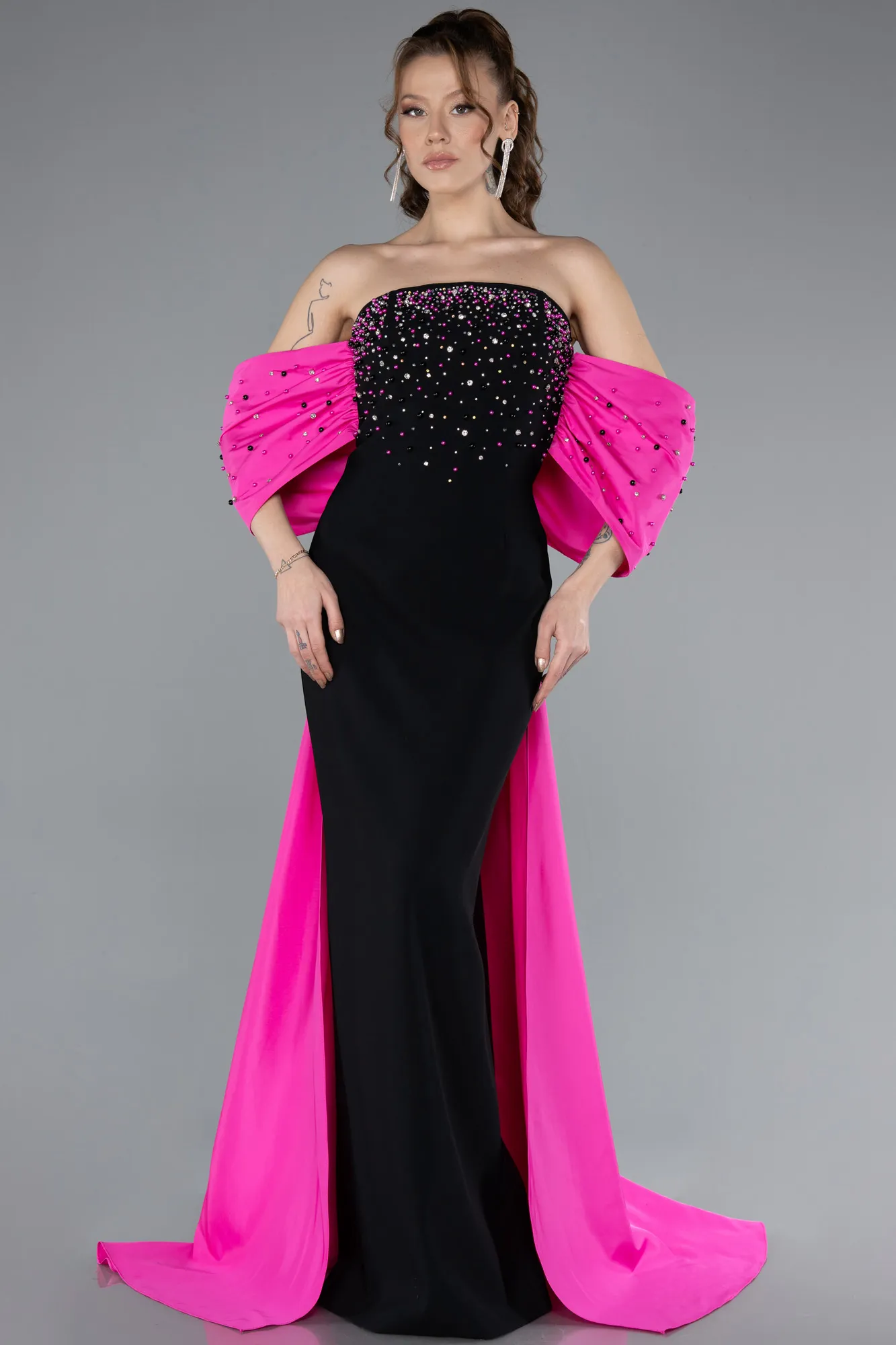 Fuchsia-Black-Beaded Strapless Train Long Evening Gown ABU4701