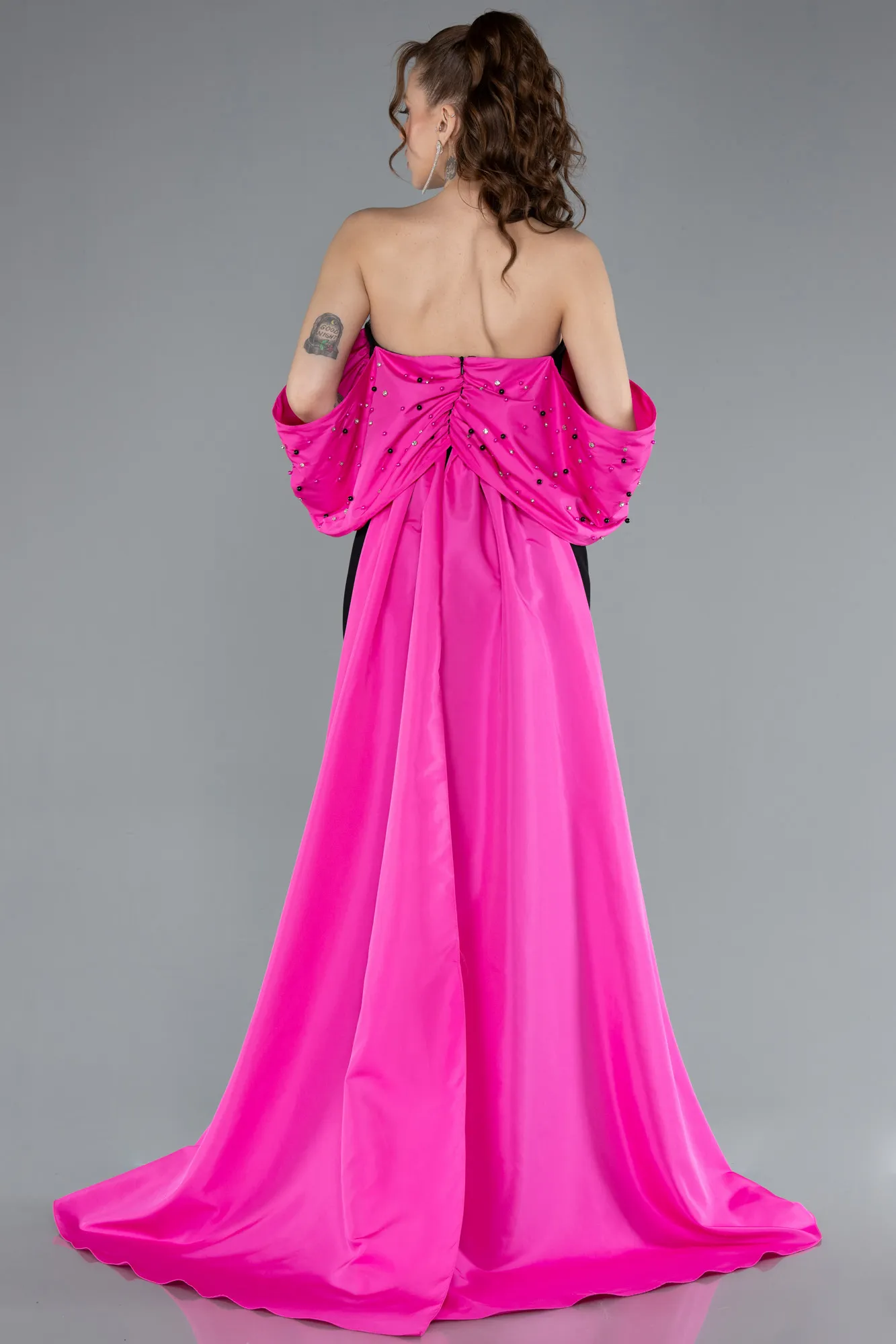 Fuchsia-Black-Beaded Strapless Train Long Evening Gown ABU4701