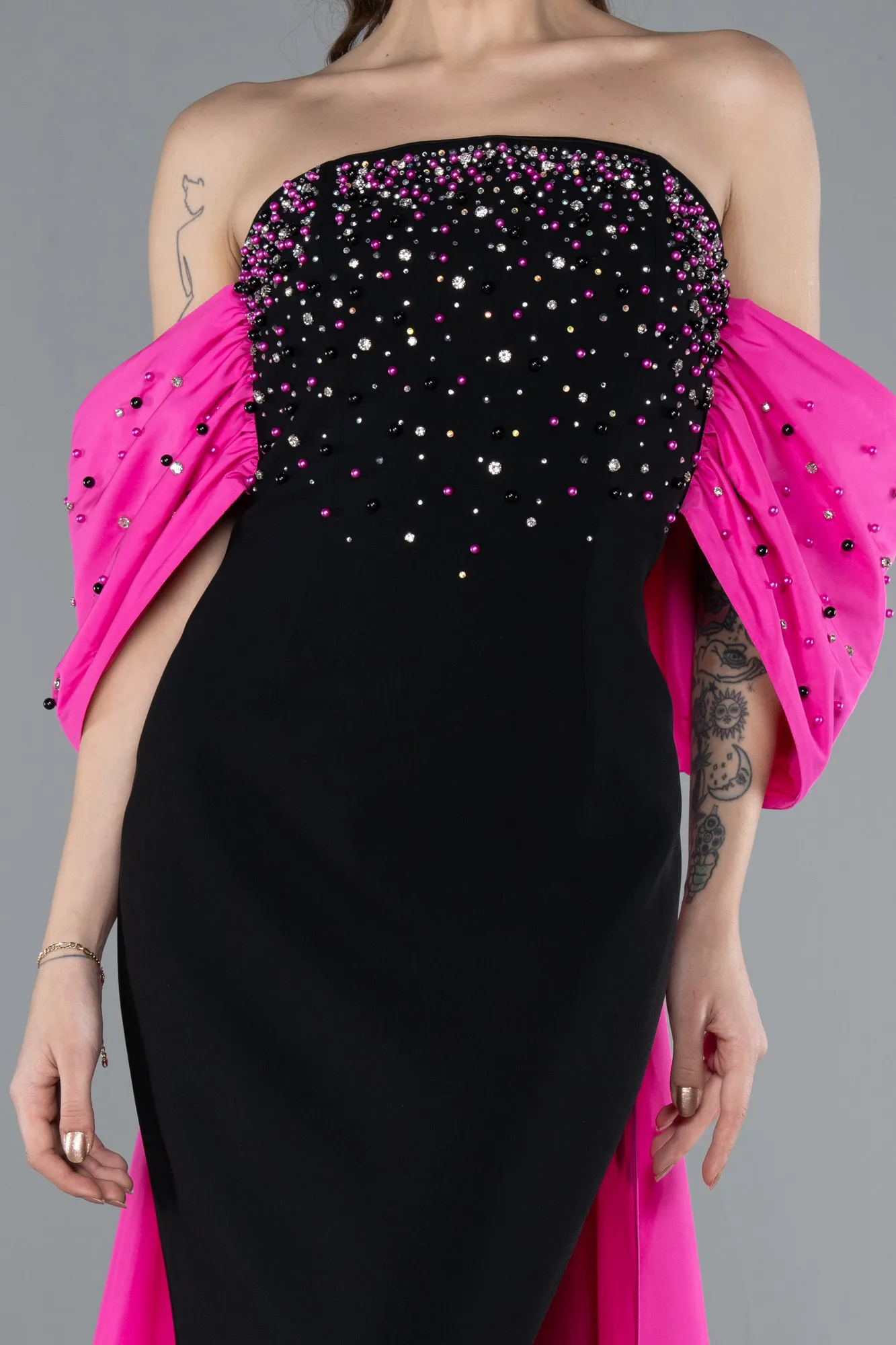 Fuchsia-Black-Beaded Strapless Train Long Evening Gown ABU4701