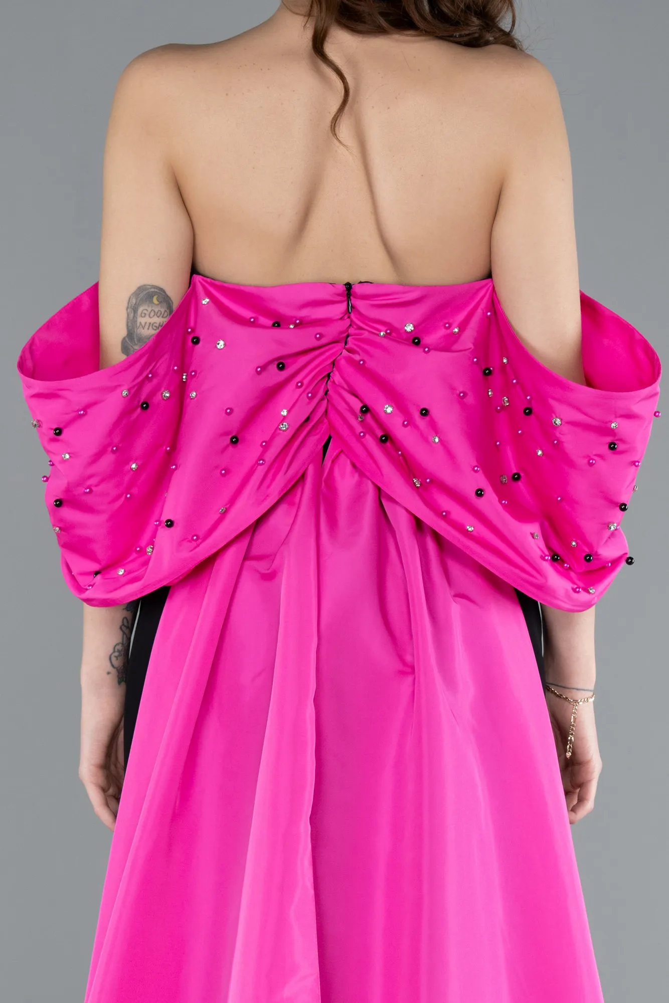 Fuchsia-Black-Beaded Strapless Train Long Evening Gown ABU4701