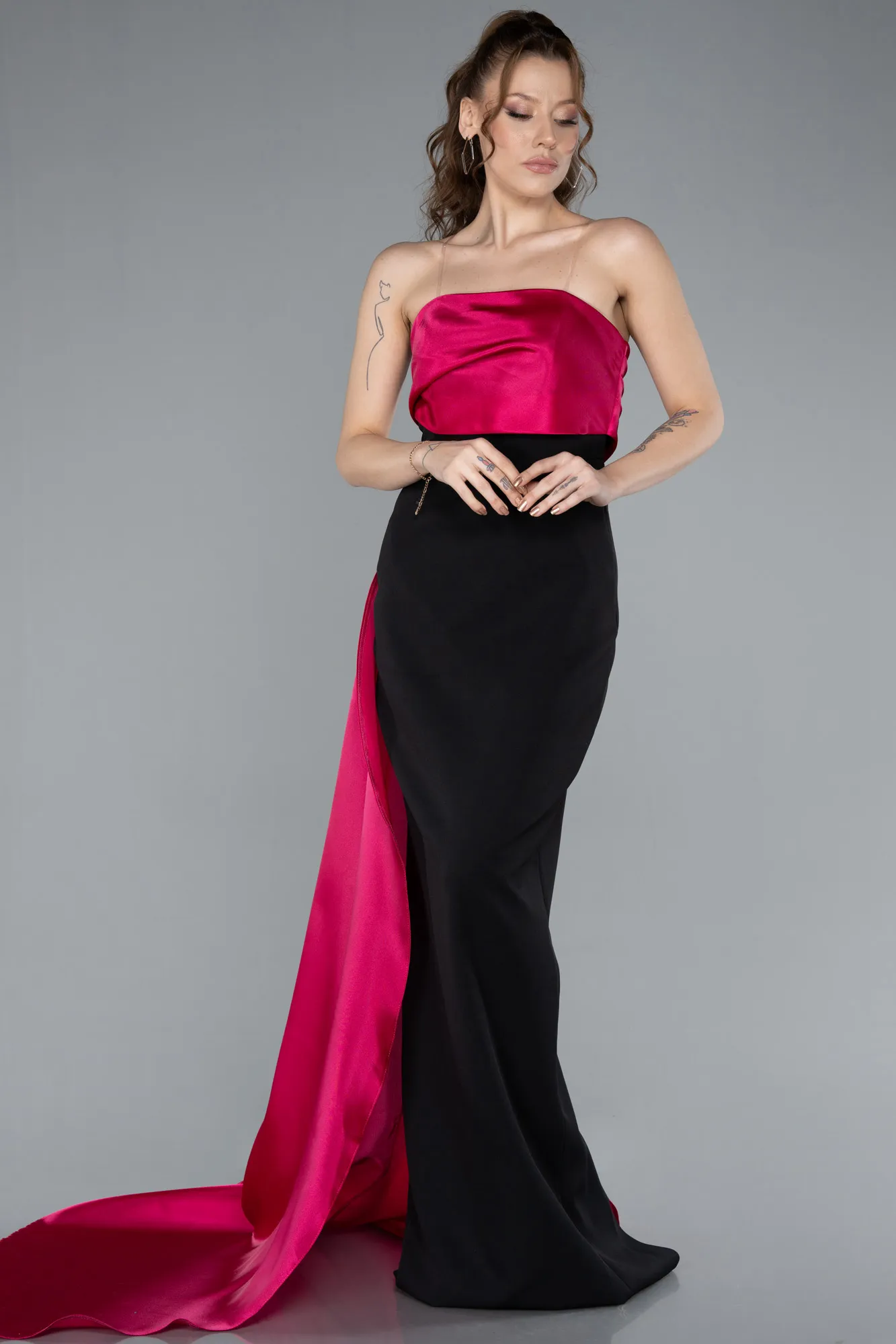 Fuchsia-Black-Strapless Satin Train Evening Gown ABU4690