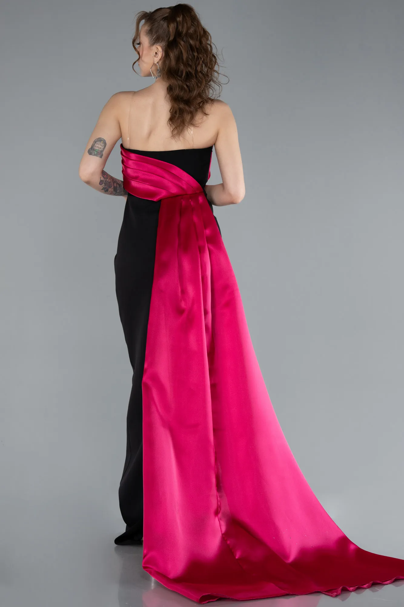 Fuchsia-Black-Strapless Satin Train Evening Gown ABU4690