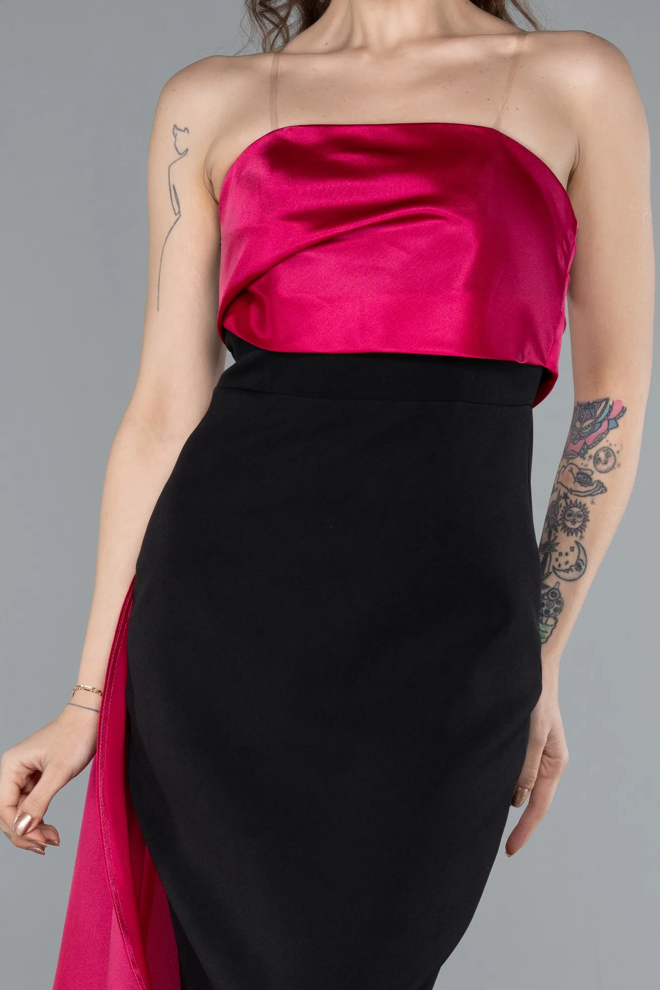 Fuchsia-Black-Strapless Satin Train Evening Gown ABU4690