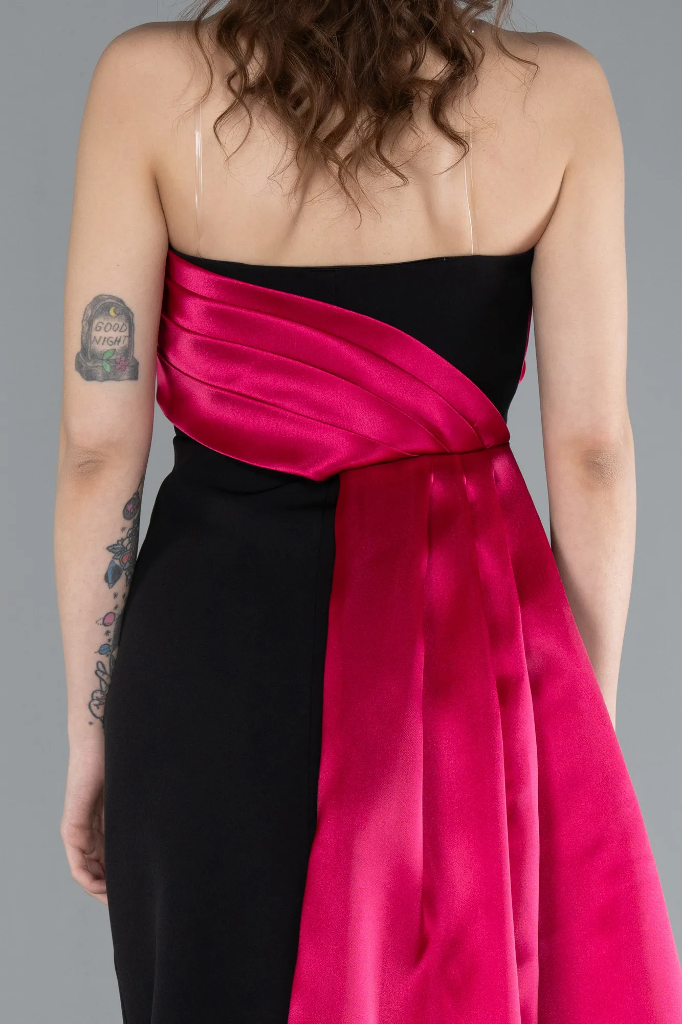 Fuchsia-Black-Strapless Satin Train Evening Gown ABU4690