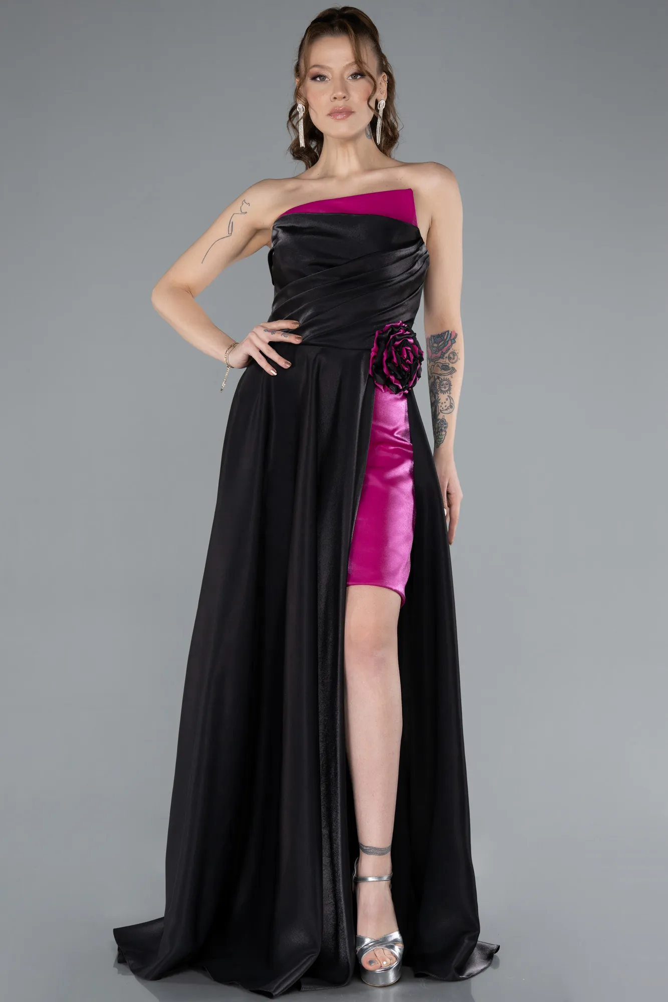 Fuchsia-Black-Strapless Slit Long Satin Evening Gown ABU4705