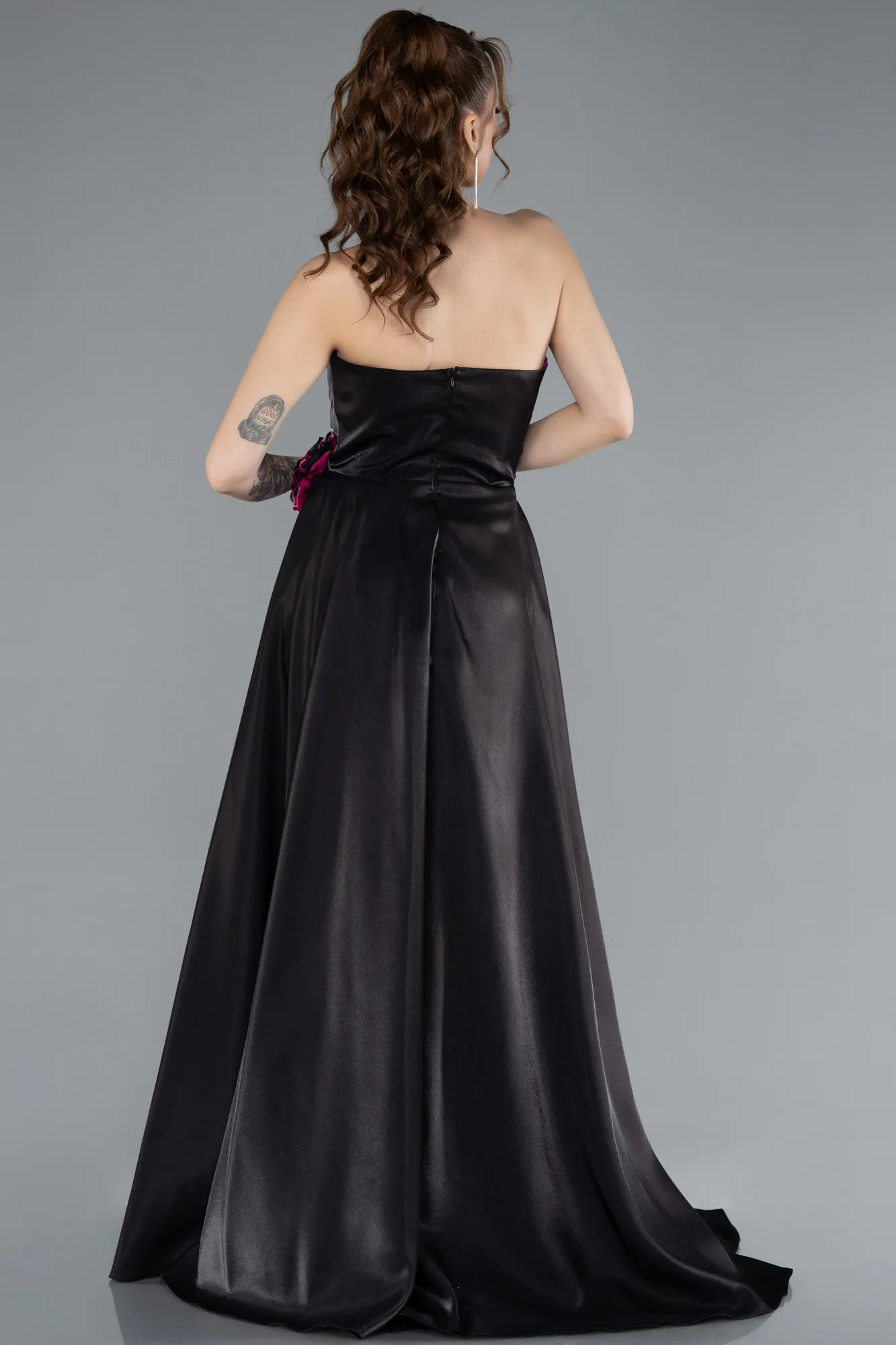Fuchsia-Black-Strapless Slit Long Satin Evening Gown ABU4705