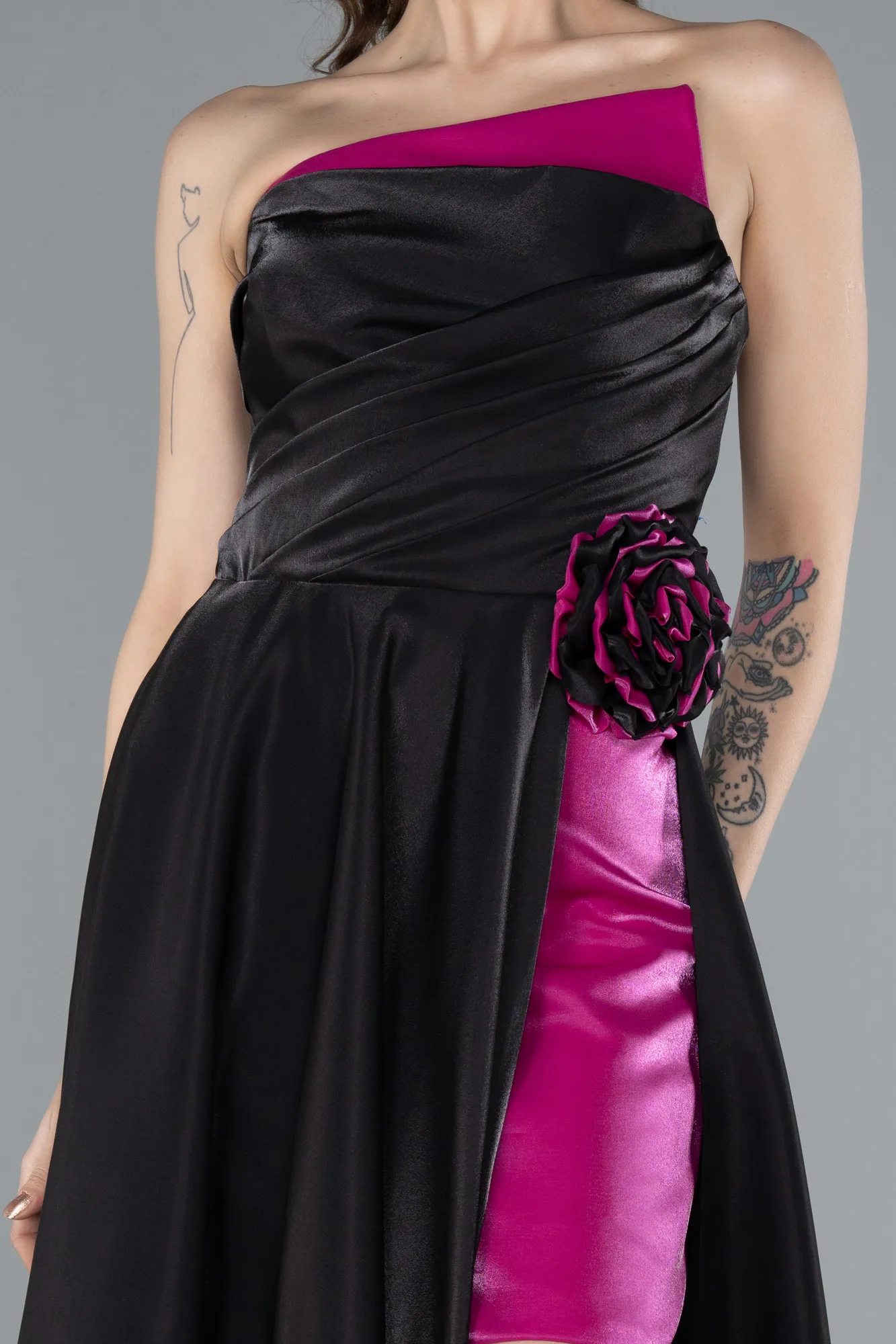 Fuchsia-Black-Strapless Slit Long Satin Evening Gown ABU4705
