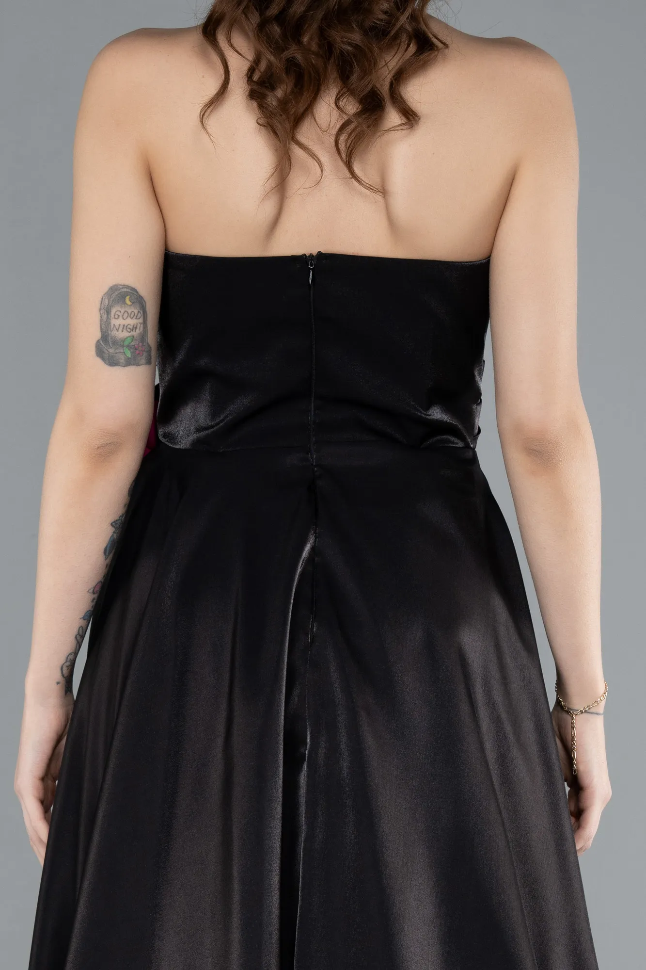 Fuchsia-Black-Strapless Slit Long Satin Evening Gown ABU4705