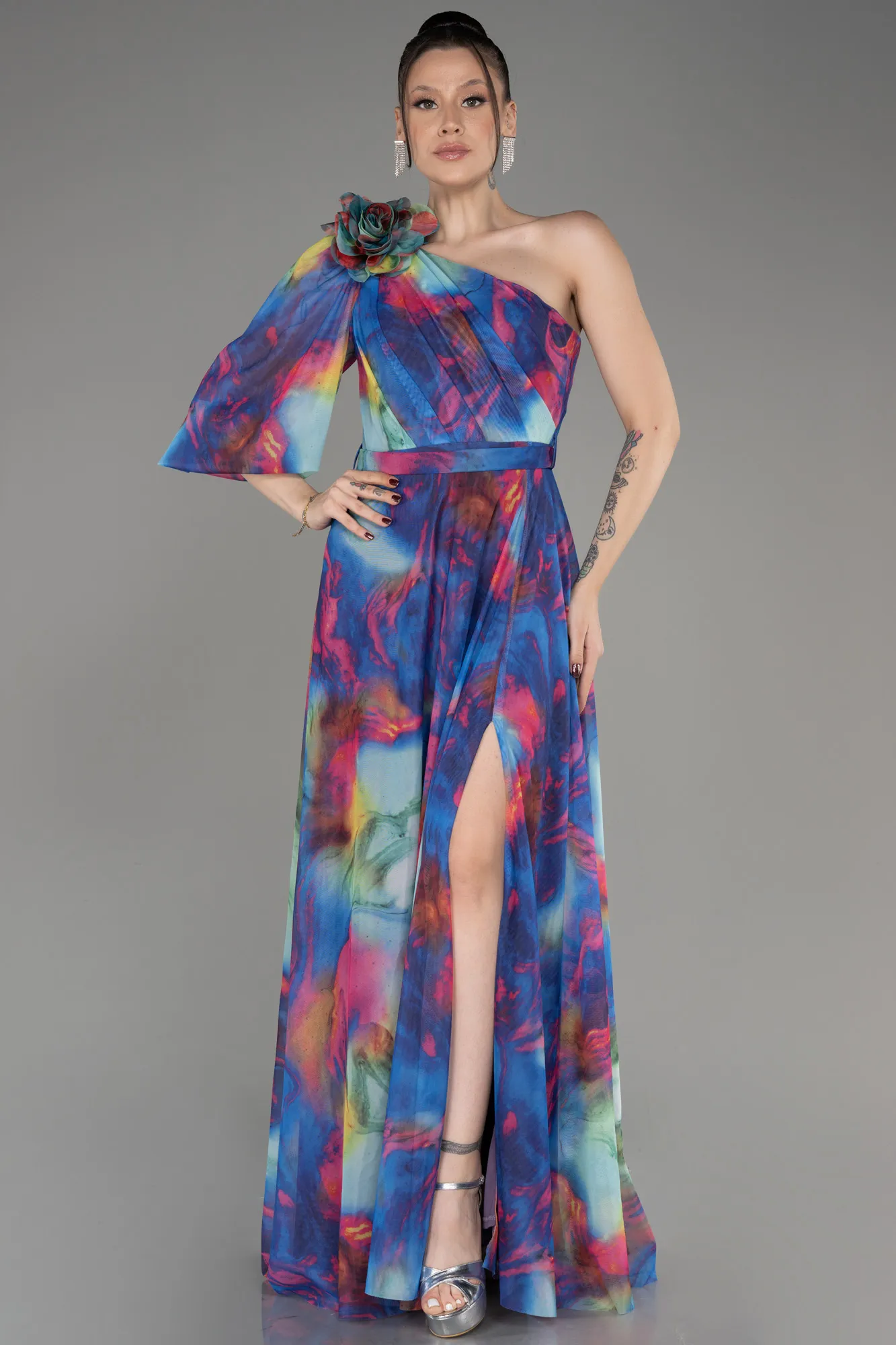 Fuchsia-Blue-One Shoulder Slit Long Printed Evening Dress ABU3951