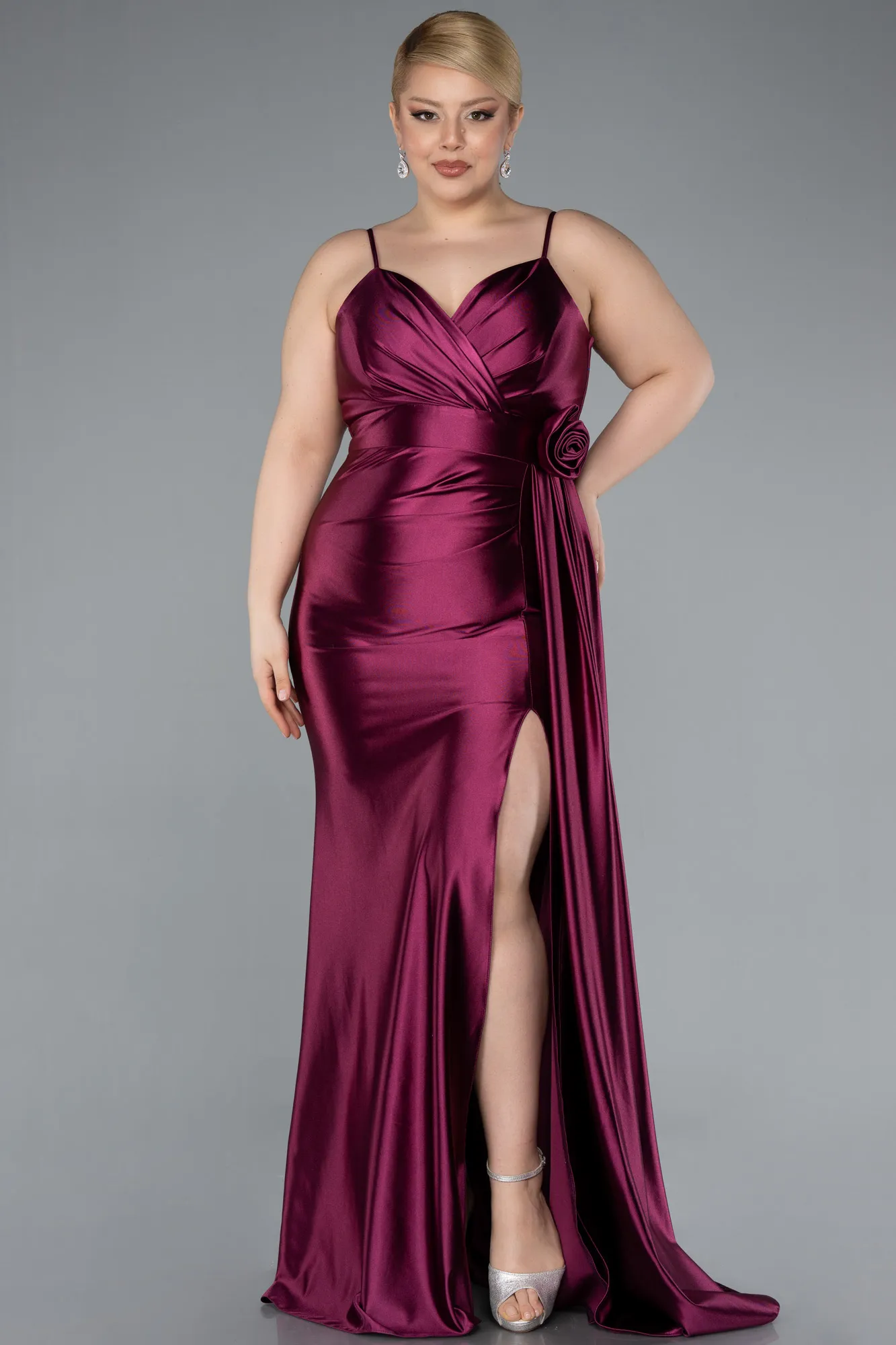 Fuchsia-Back And Leg Cleavage Long Satin Plus Size Prom Gown ABU4815