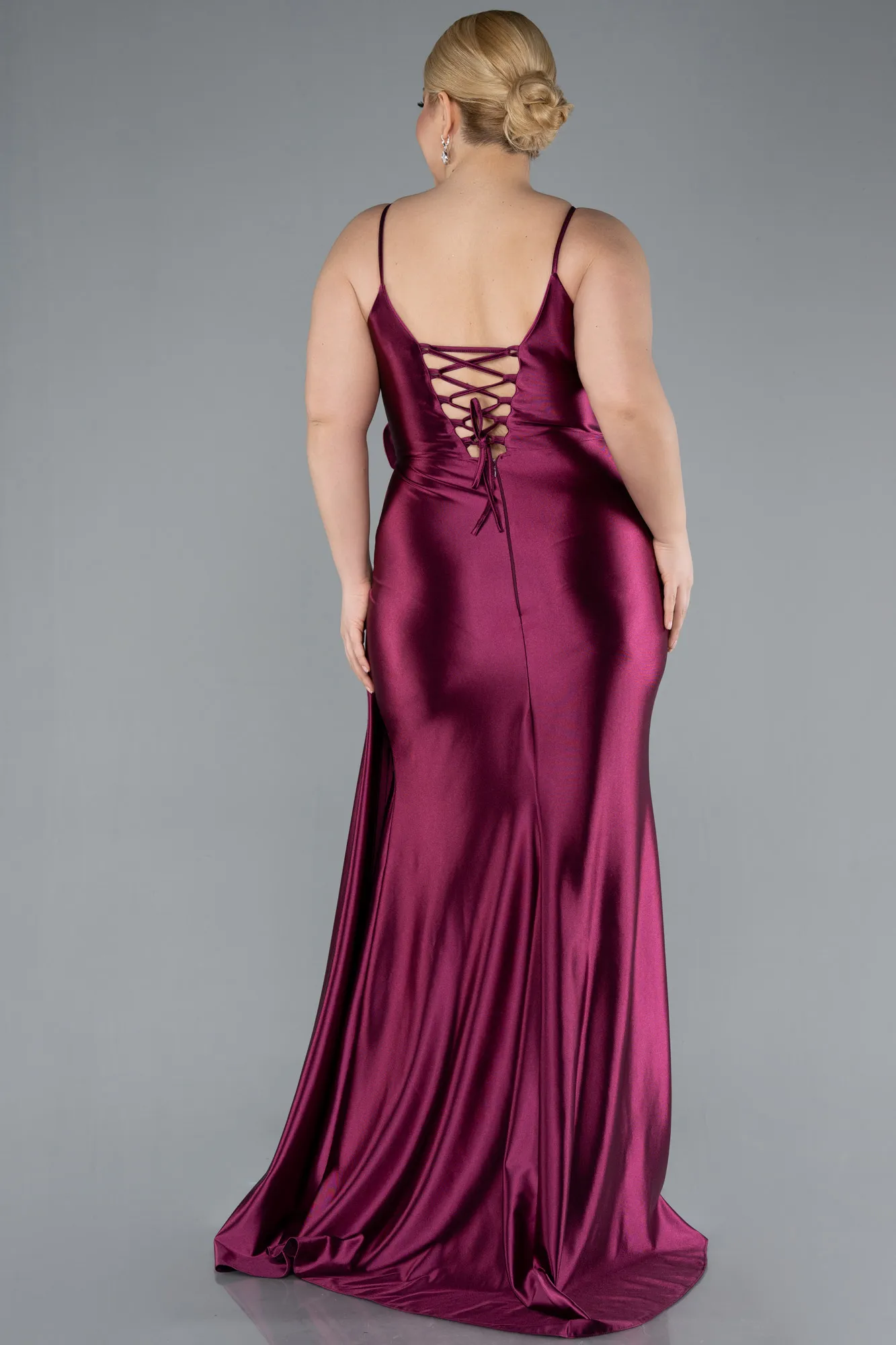 Fuchsia-Back And Leg Cleavage Long Satin Plus Size Prom Gown ABU4815