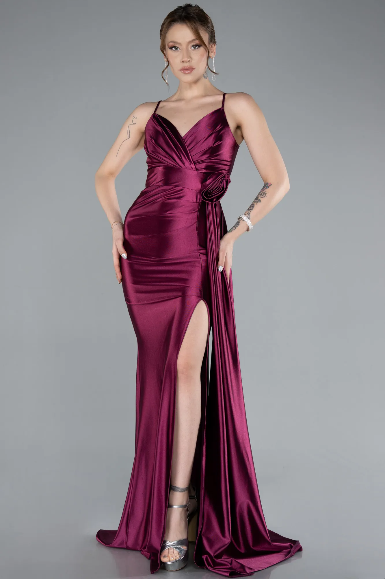 Fuchsia-Back And Leg Cleavage Long Satin Prom Gown ABU4814