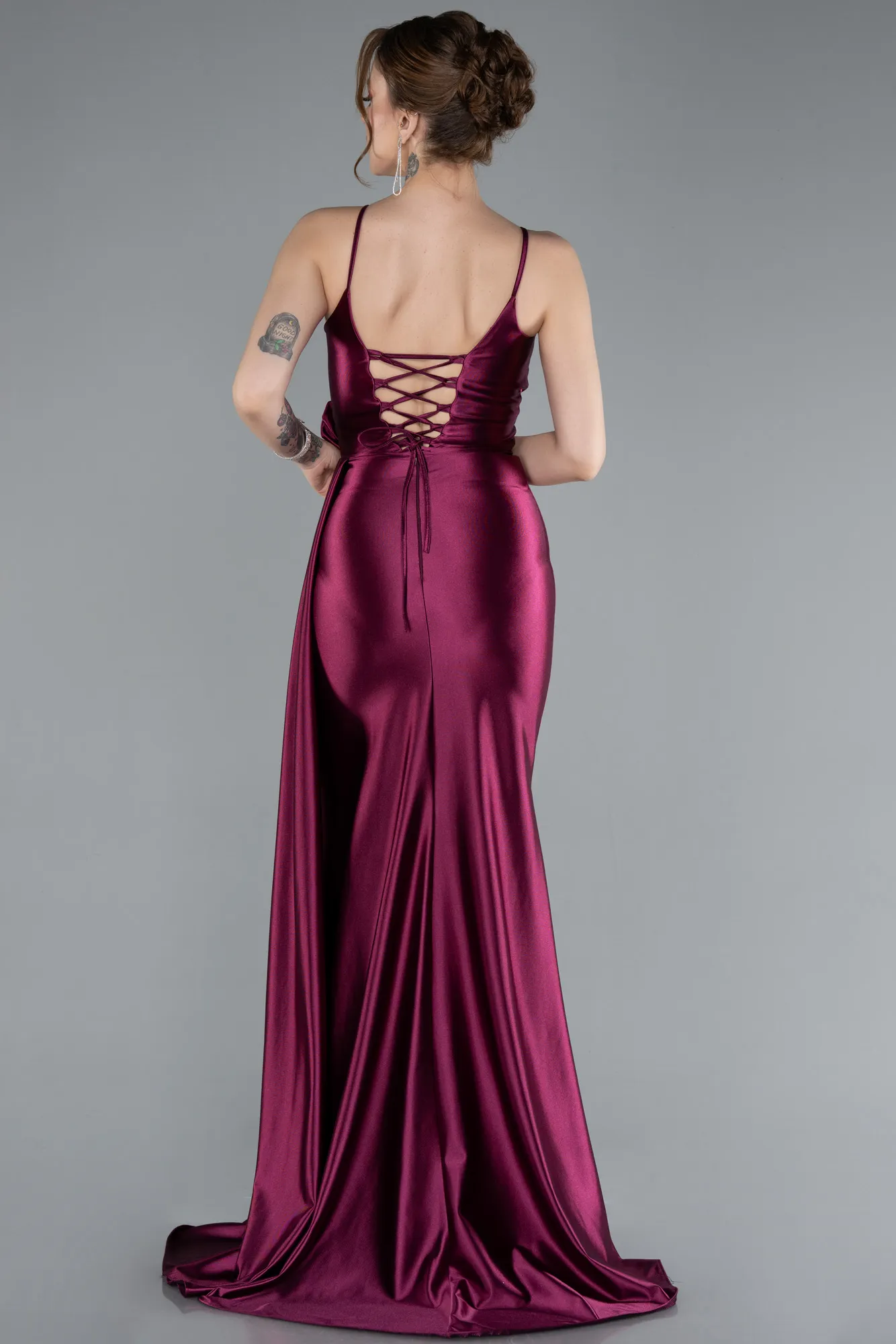 Fuchsia-Back And Leg Cleavage Long Satin Prom Gown ABU4814