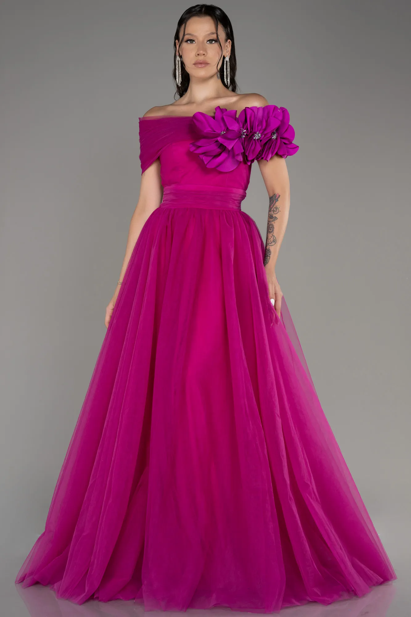 Fuchsia-Boat Neck Long Princess Evening Dress ABU3958
