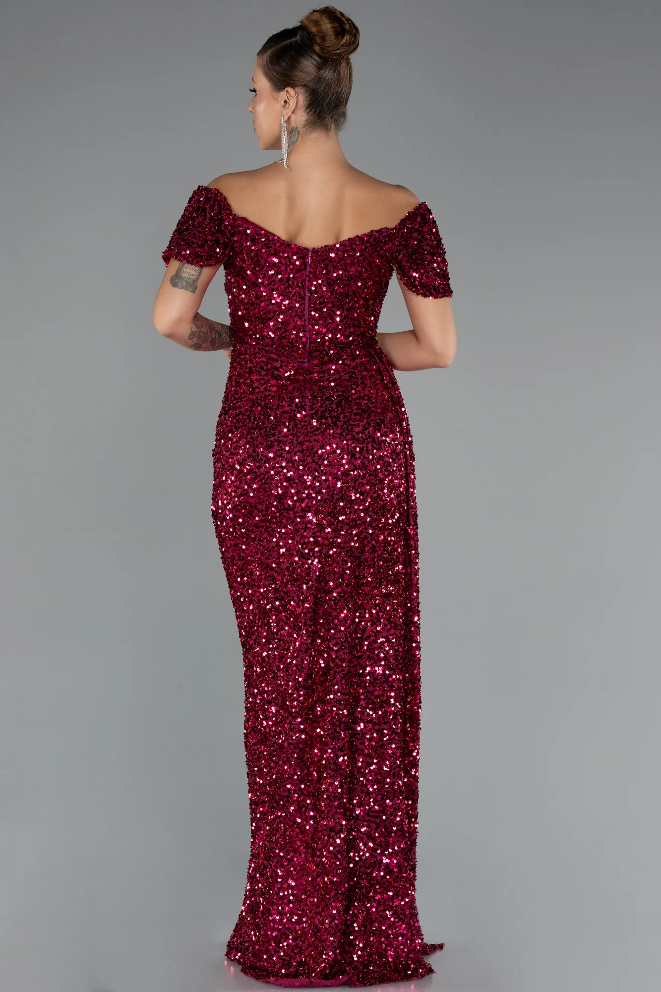 Fuchsia-Boat Neck Slit Long Sequin Evening Gown ABU4843