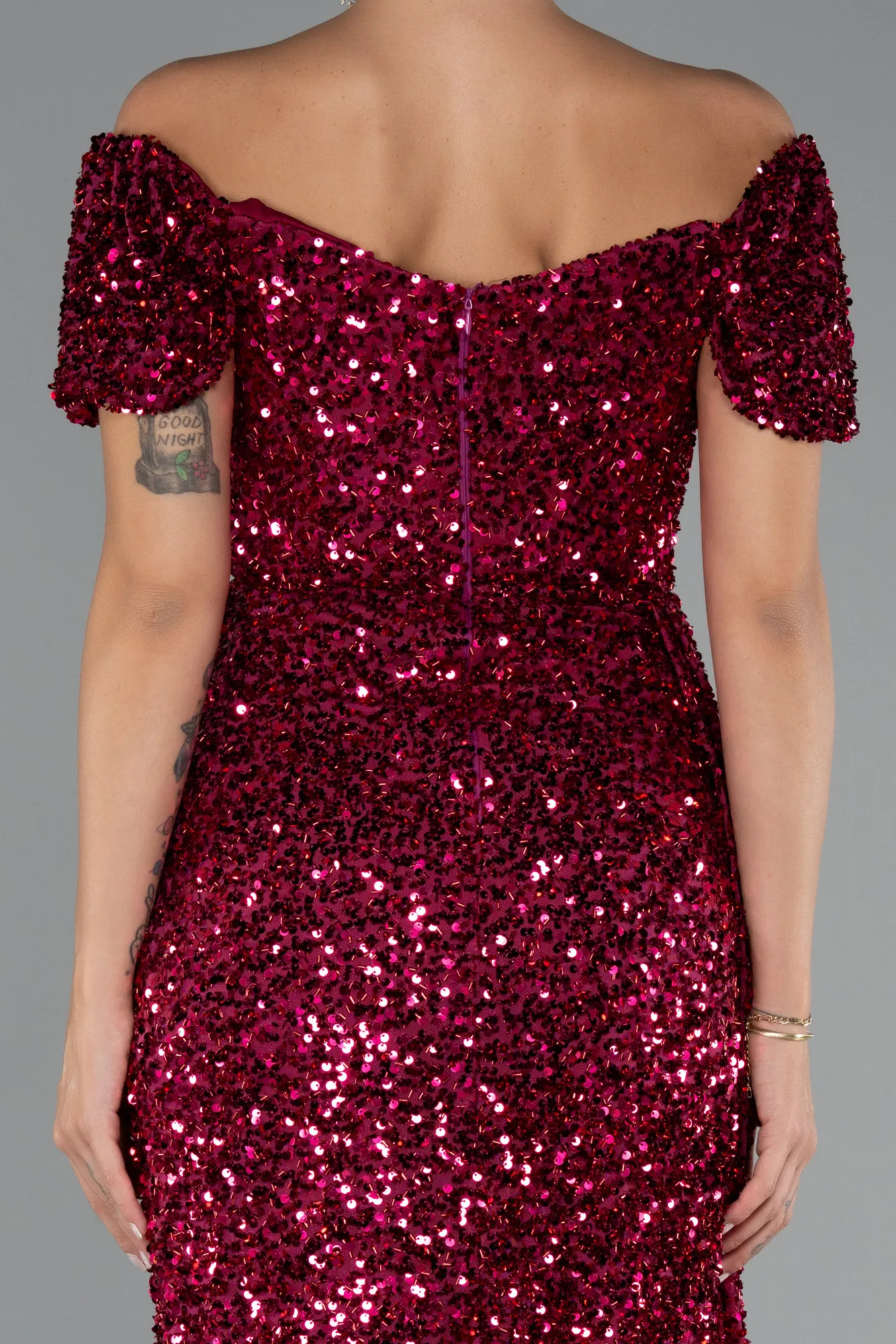 Fuchsia-Boat Neck Slit Long Sequin Evening Gown ABU4843
