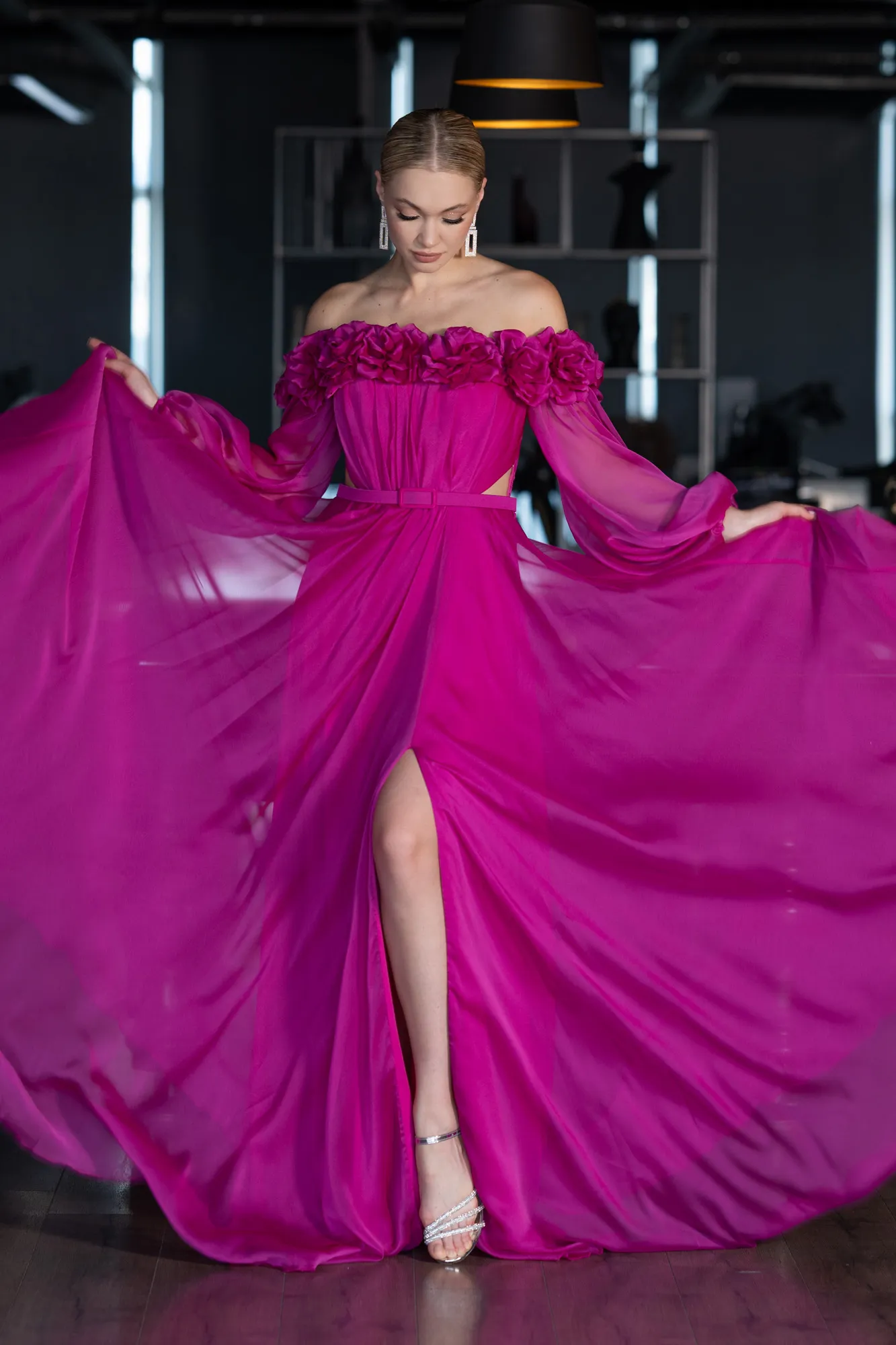 Fuchsia-Floral Boat Neck Long Sleeve Chiffon Prom Gown ABU4130