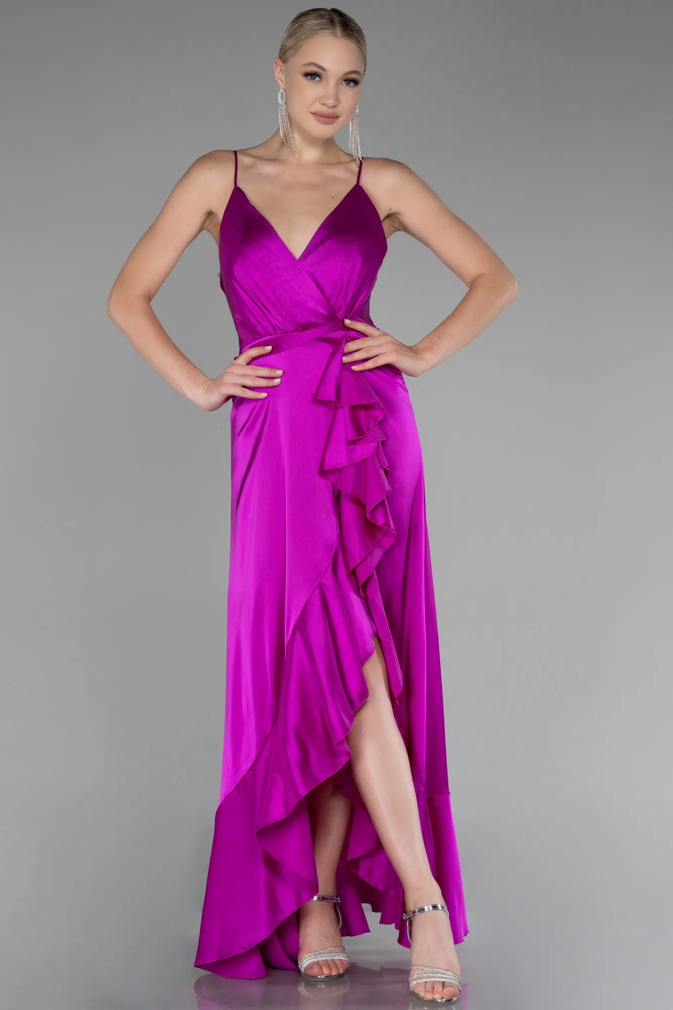 Fuchsia-Front Short Back Long Satin Prom Gown ABO109